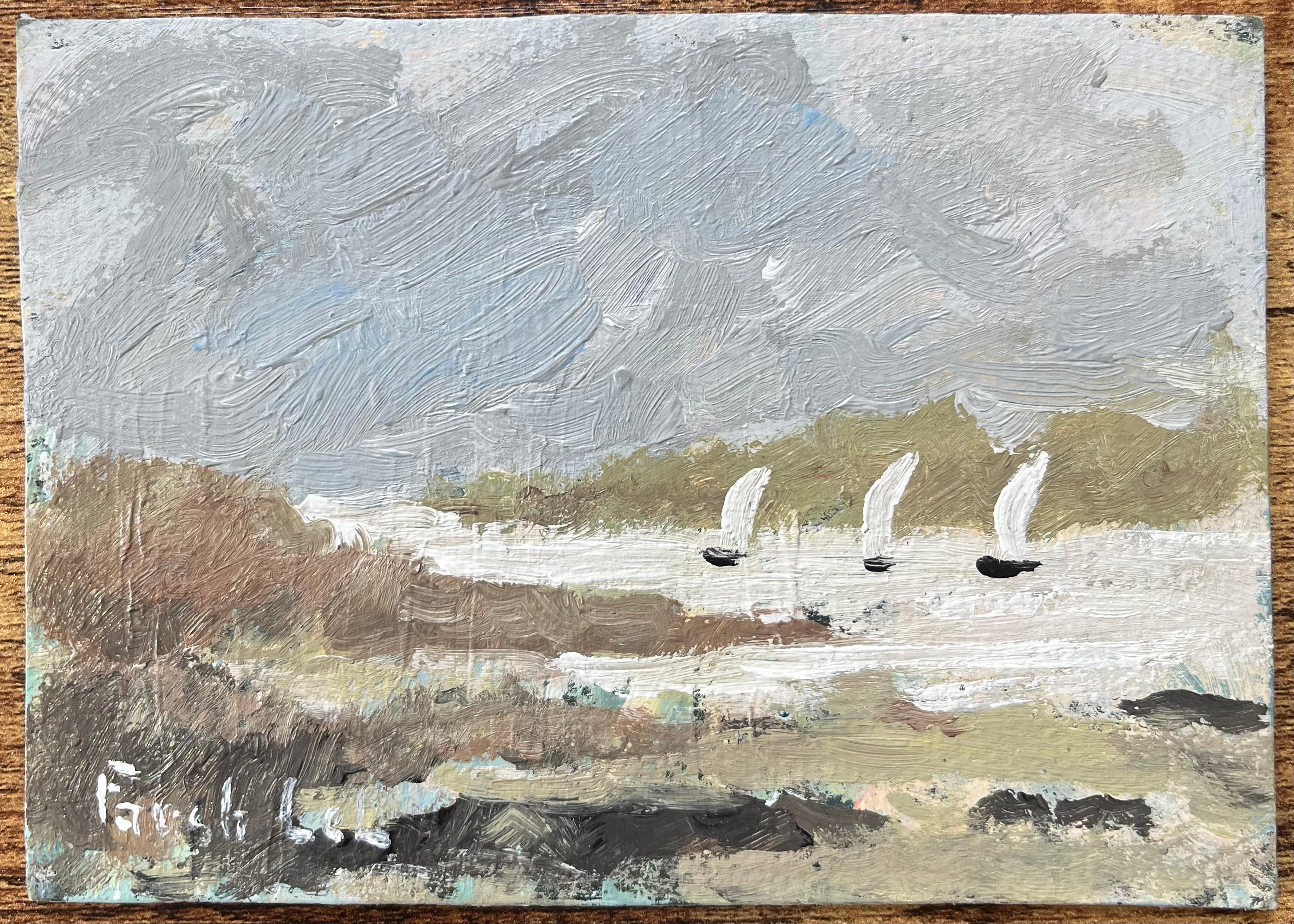 Óleo impresionista francés de veleros en regata en la bahía de Saint-Lunaire - Painting de Fanch Lel