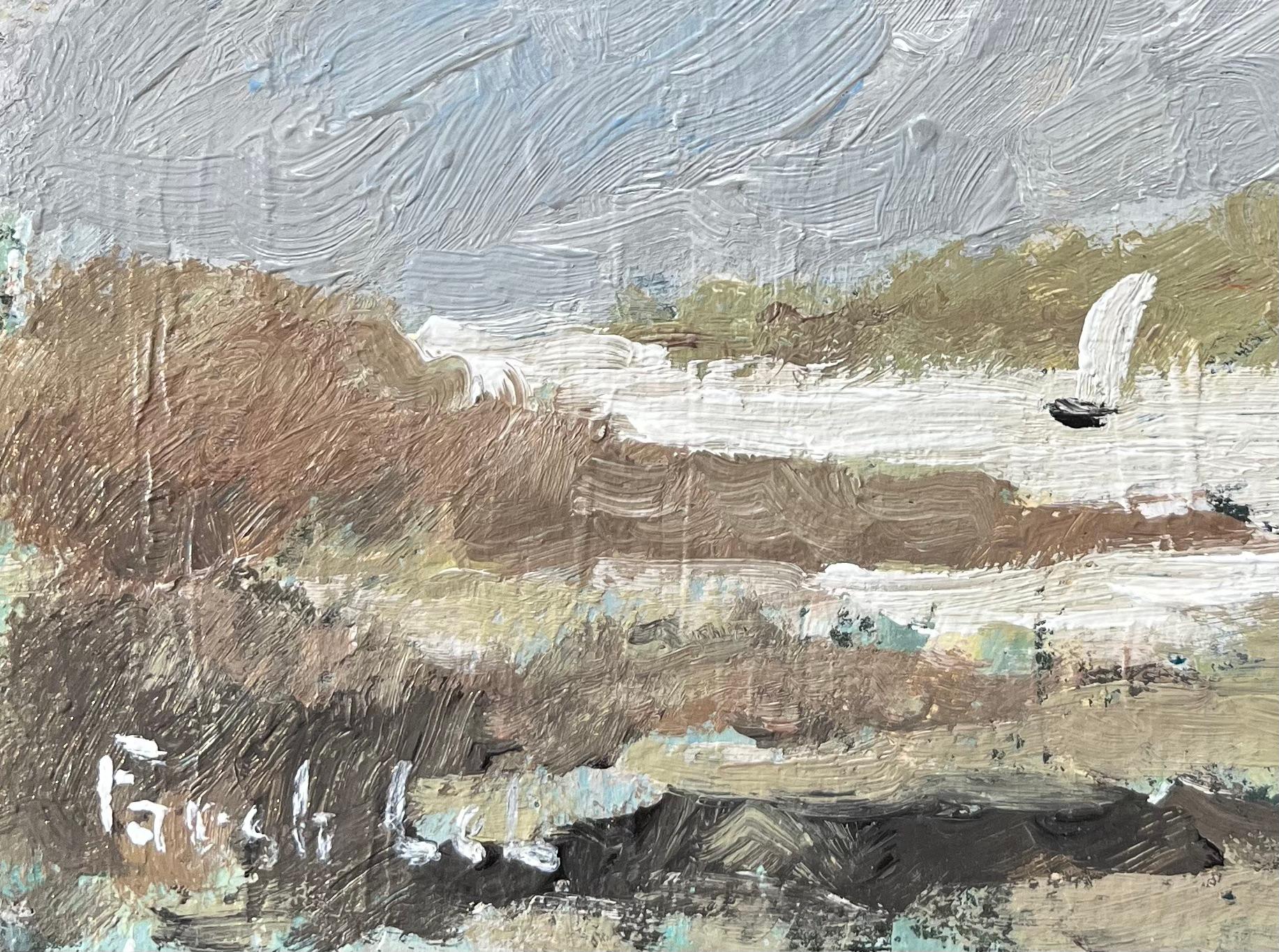 Óleo impresionista francés de veleros en regata en la bahía de Saint-Lunaire - Landscape Painting Gris de Fanch Lel