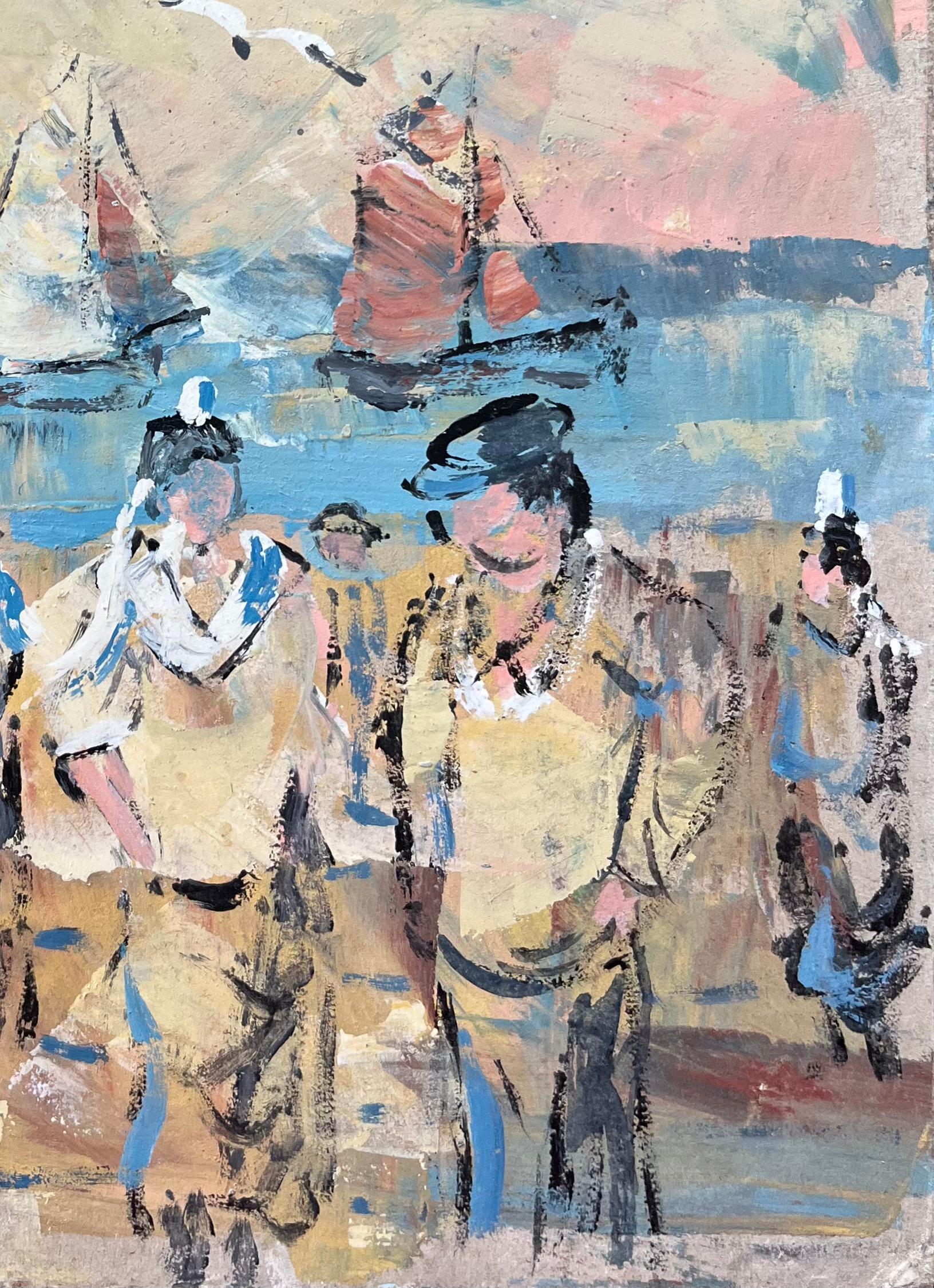 Quadro a olio impressionista francese con marinai e gabbiani in riva al mare - Painting Impressionismo di Fanch Lel