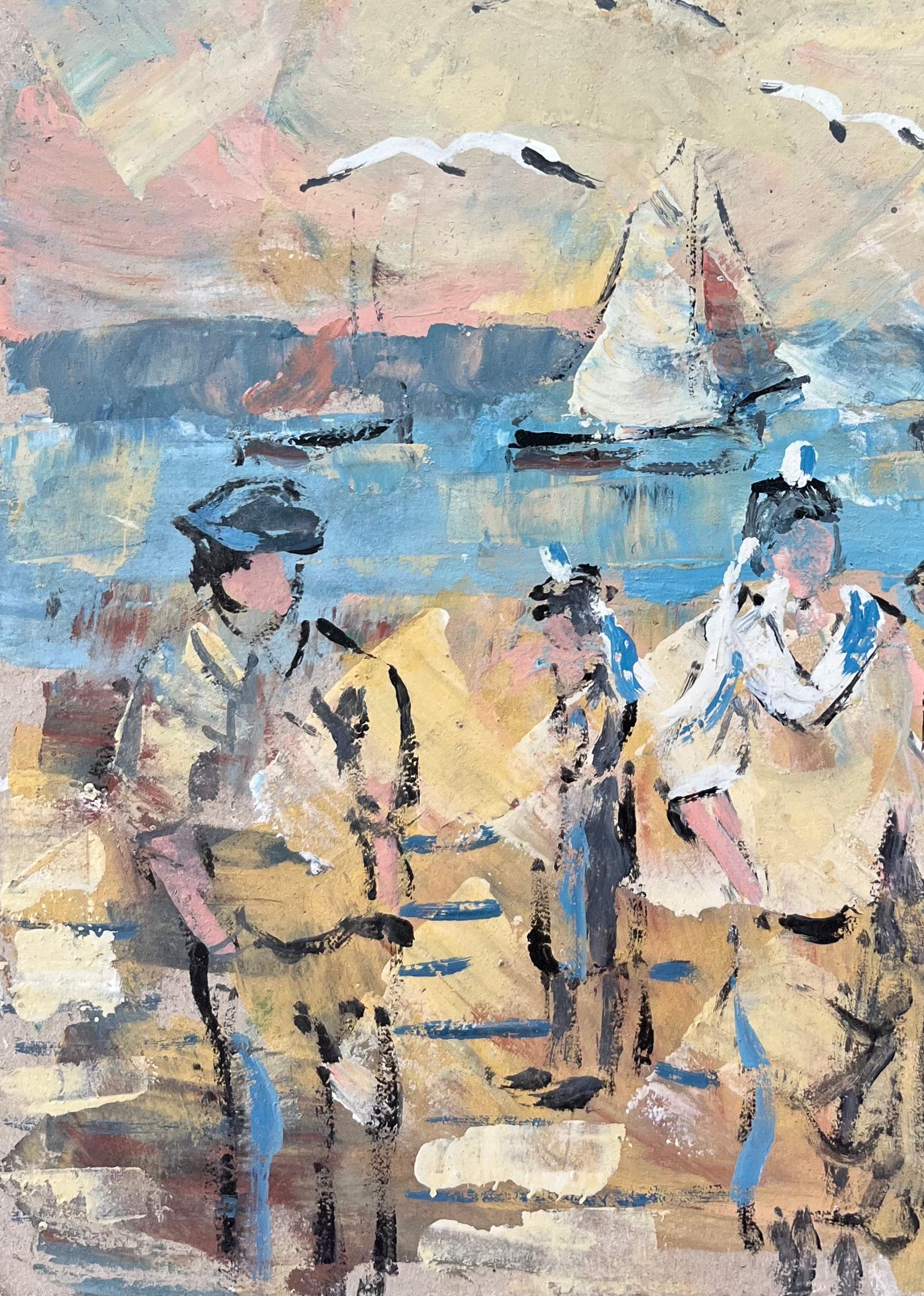 Quadro a olio impressionista francese con marinai e gabbiani in riva al mare - Landscape Painting Grigio di Fanch Lel