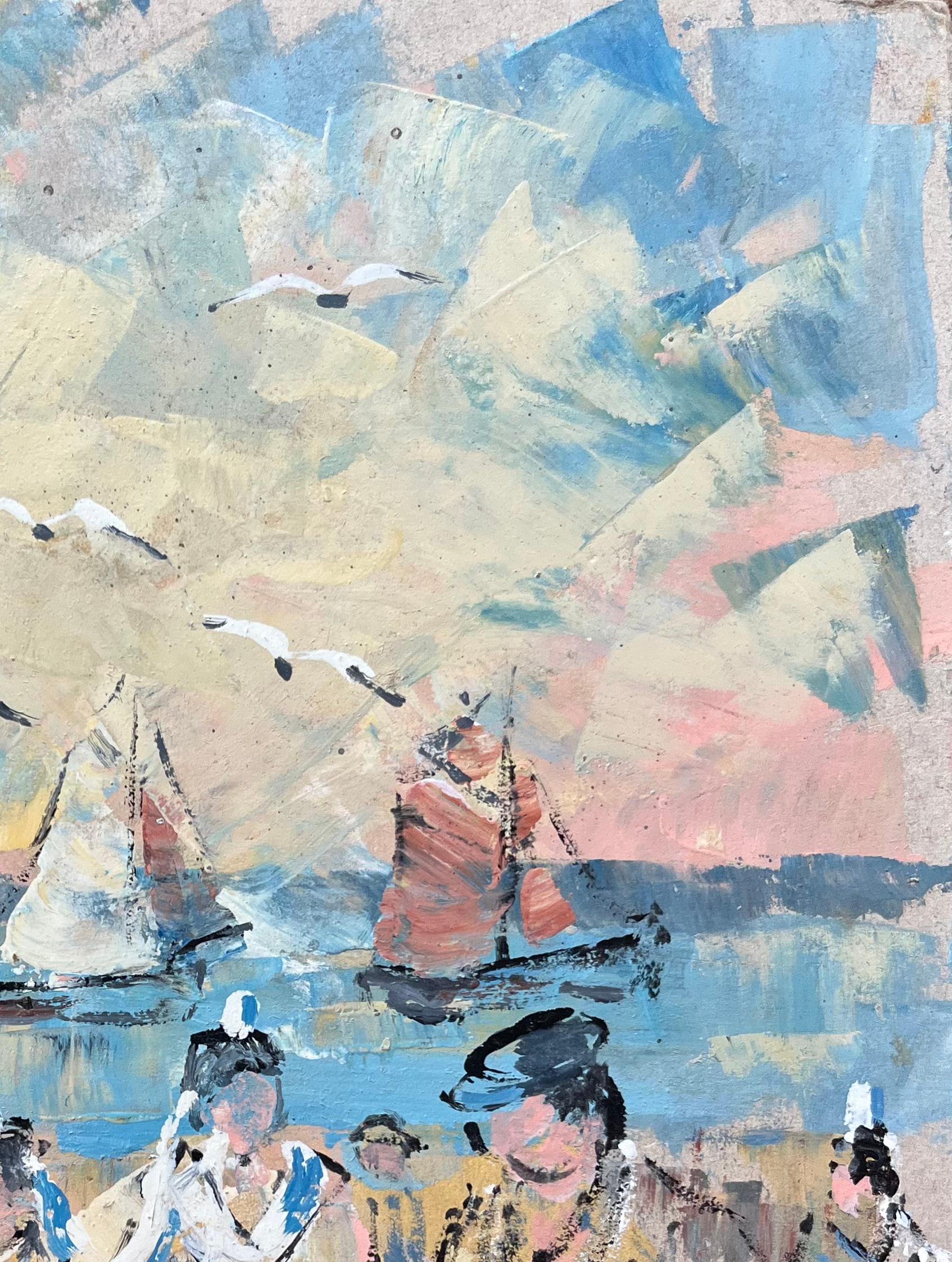 Titolo: Pittura a olio impressionista francese con marinai e gabbiani in riva al mare
Di Fanch Lel (francese, nato nel 1930)
Dimensioni: 10,5 x 8,75 pollici (altezza x larghezza)
Pittura a olio su tavola, senza cornice
Condit: Il dipinto è in buone