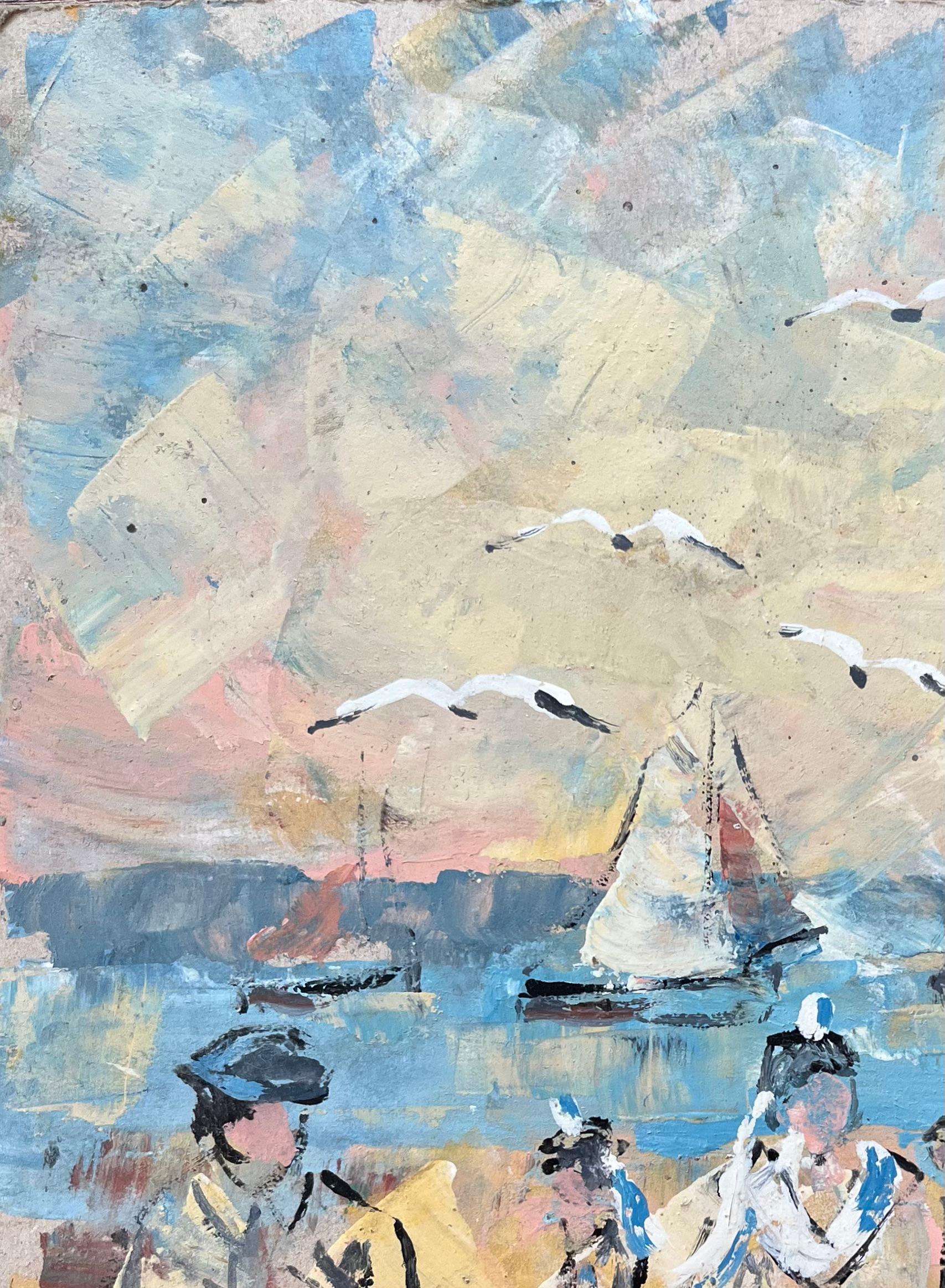 Quadro a olio impressionista francese con marinai e gabbiani in riva al mare in vendita 1