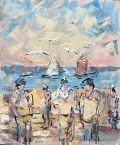 Óleo impresionista francés de marineros y gaviotas junto al mar