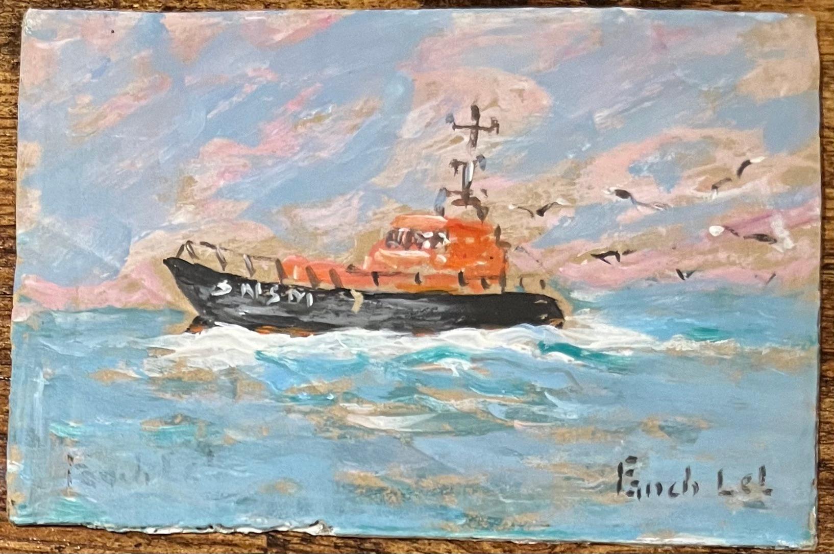 French Impressionist Oil Painting of SAR Ship at Sea - Gray Figurative Painting by Fanch Lel