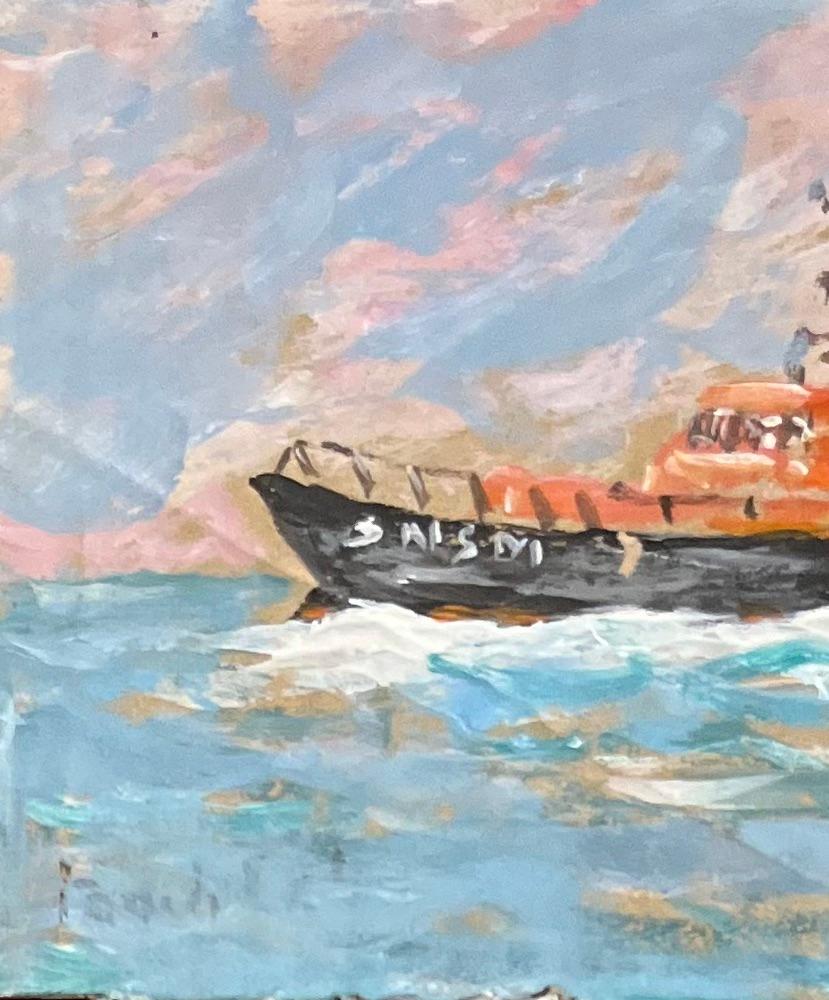 Title: French Impressionist Oil Painting of SAR Ship at Sea
By Fanch Lel (French b. 1930)
Size: 4.75 x 7.25 inches (height x width)
Signed: Yes
Oil painting on cardboard, unframed
Condition: The painting is in good condition, with minor signs of