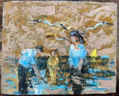 Peinture à l'huile impressionniste française d'un couple de pêcheurs se réunissant au bord de la mer