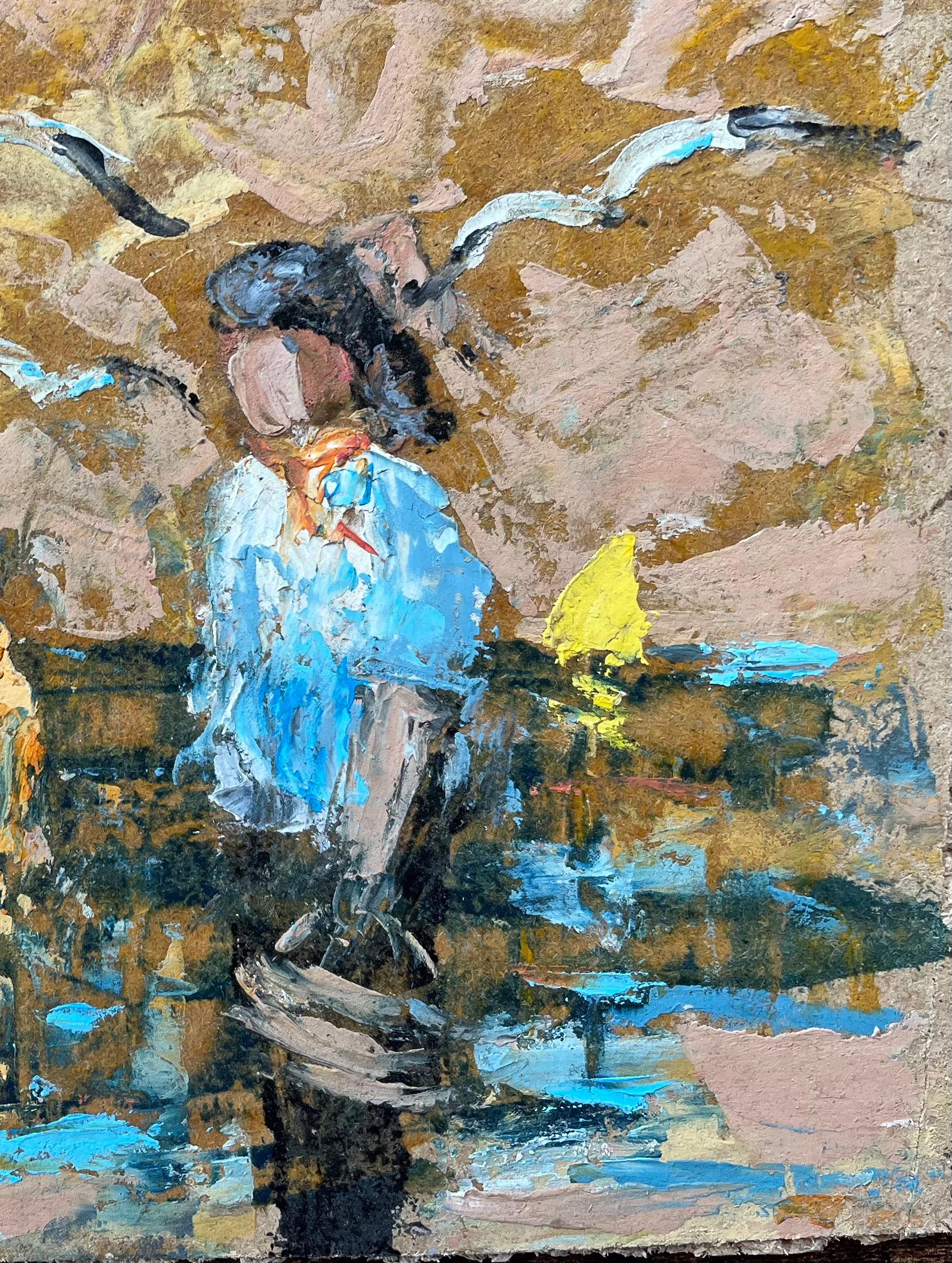 Peinture à l'huile impressionniste française d'un couple de pêcheurs se réunissant au bord de la mer - Impressionnisme Painting par Fanch Lel