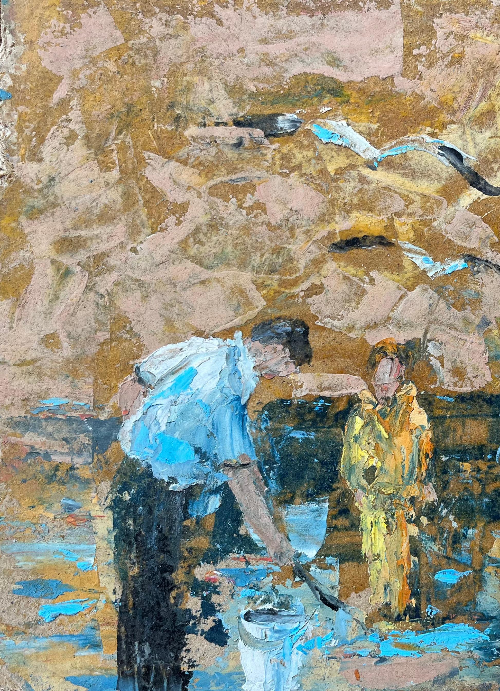 Titre : Peinture à l'huile impressionniste française d'une réunion au bord de la mer avec des pêcheurs et un enfant
Par Fanch Lel (français né en 1930)
Taille : 8.5 x 10.75 pouces (hauteur x largeur)
Peinture à l'huile sur carton, non