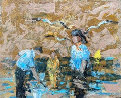 Pintura al Óleo Impresionista Francesa de Reunión junto al Mar con Pescadores y Niño