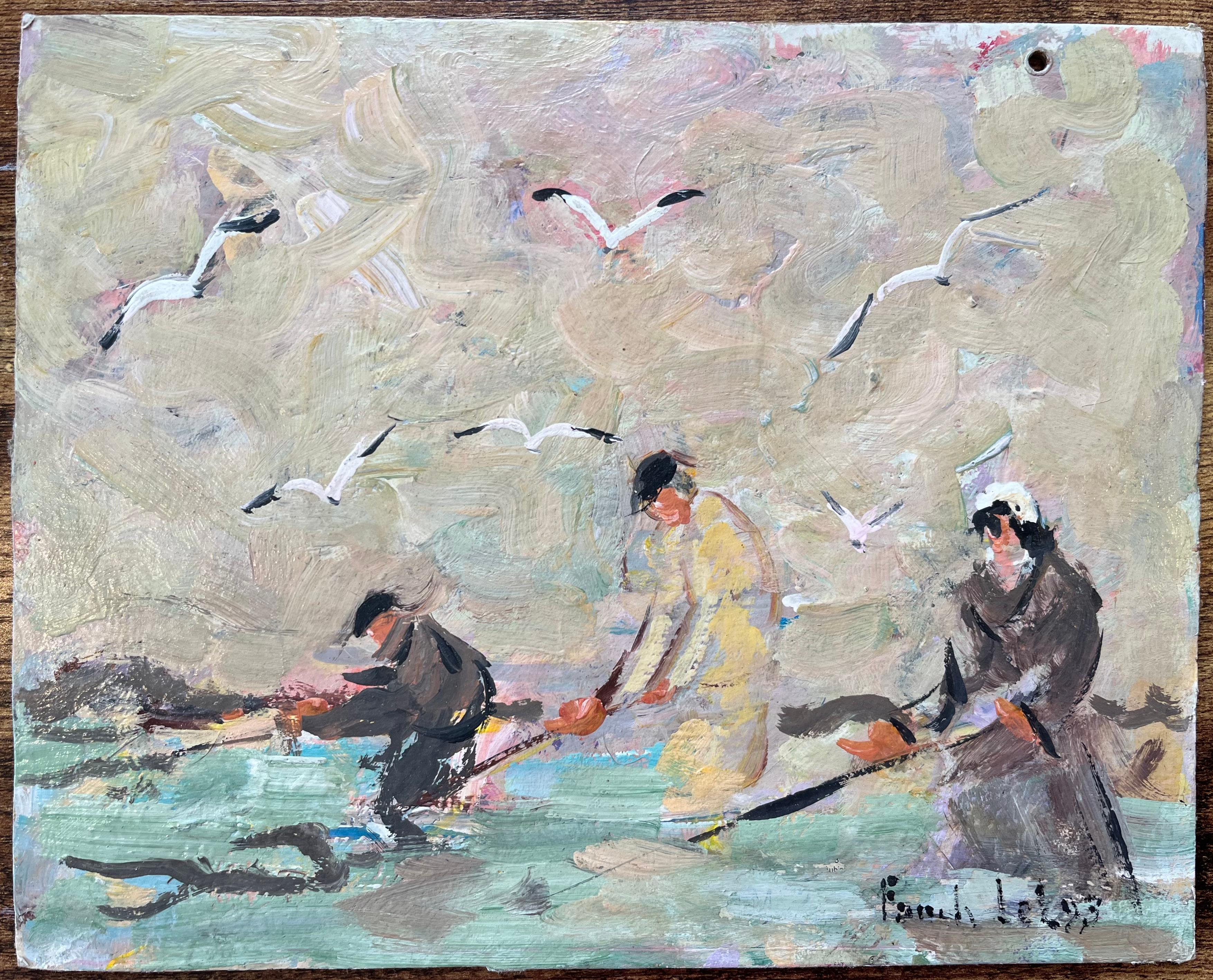 Französisches impressionistisches Ölgemälde von Seeigeln mit Gulls im Flug, Ölgemälde – Painting von Fanch Lel