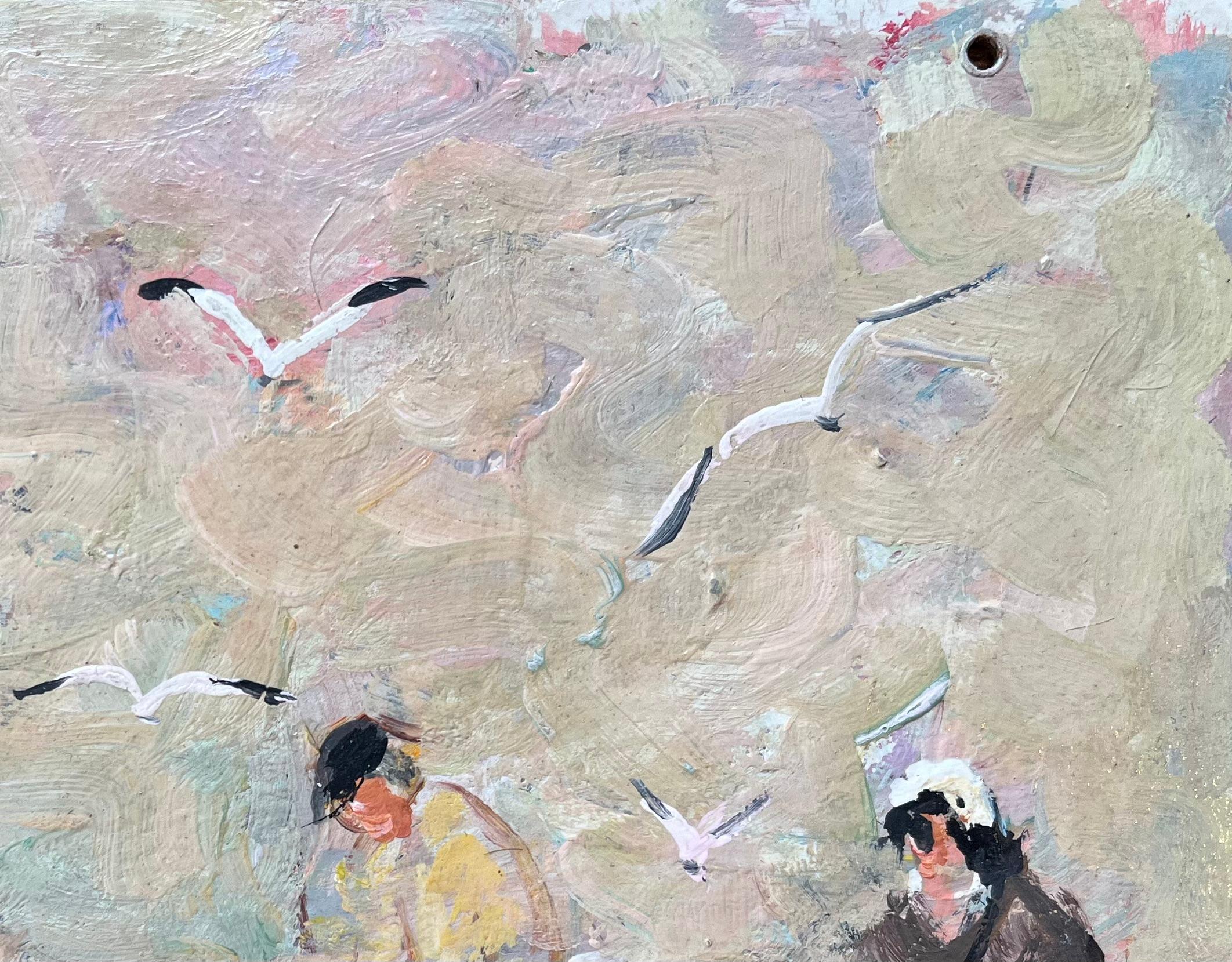 Französisches impressionistisches Ölgemälde von Seeigeln mit Gulls im Flug, Ölgemälde (Grau), Landscape Painting, von Fanch Lel