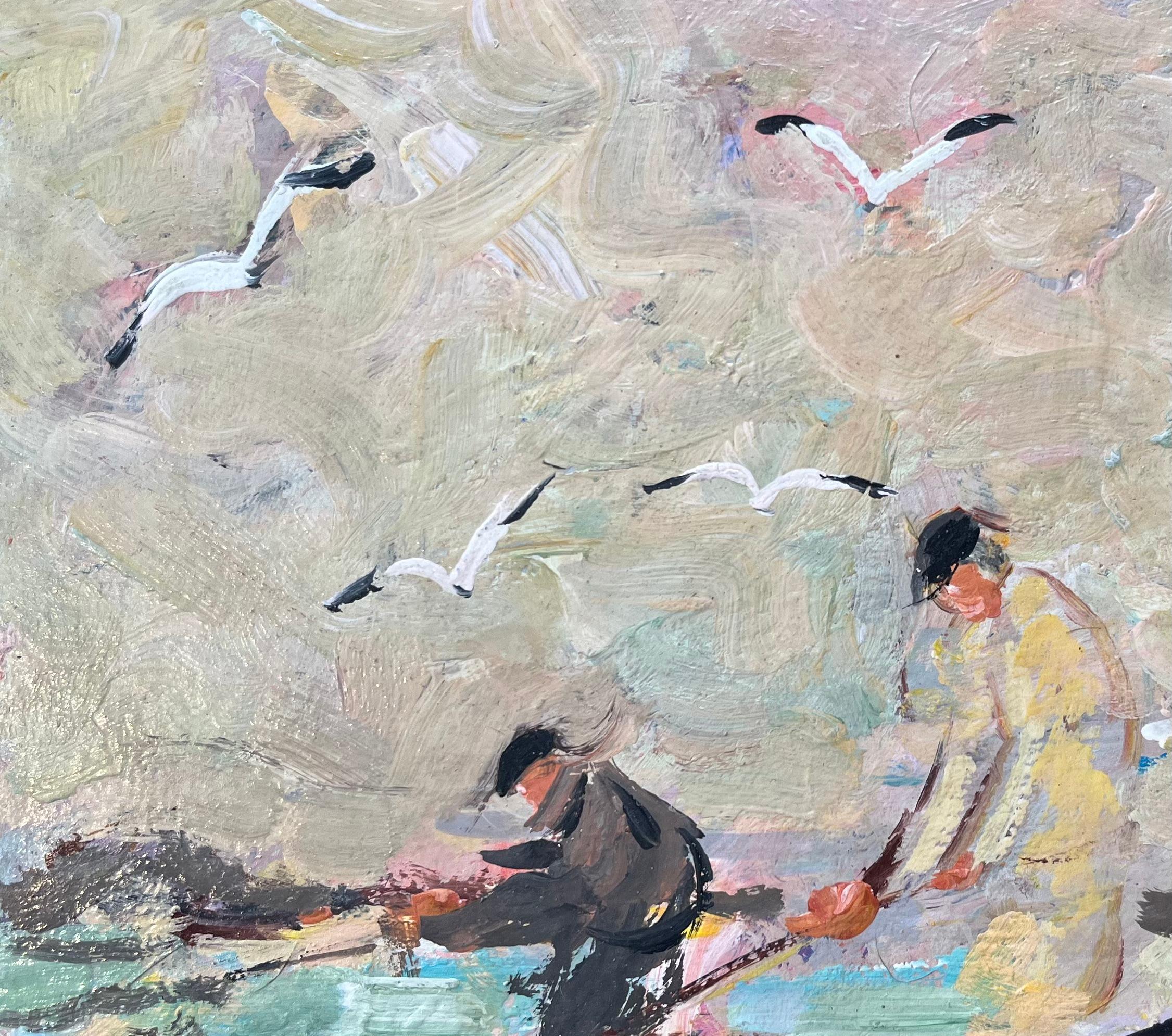 Titel: Ölgemälde eines französischen Impressionisten mit Ernte am Meer und Möwen im Flug
Von Fanch Lel (Franzose, geb. 1930)
Größe: 8,5 x 10,5 Zoll (Höhe x Breite)
Unterschrieben: Ja
Ölgemälde auf Karton, ungerahmt
Zustand: Das Gemälde ist in gutem