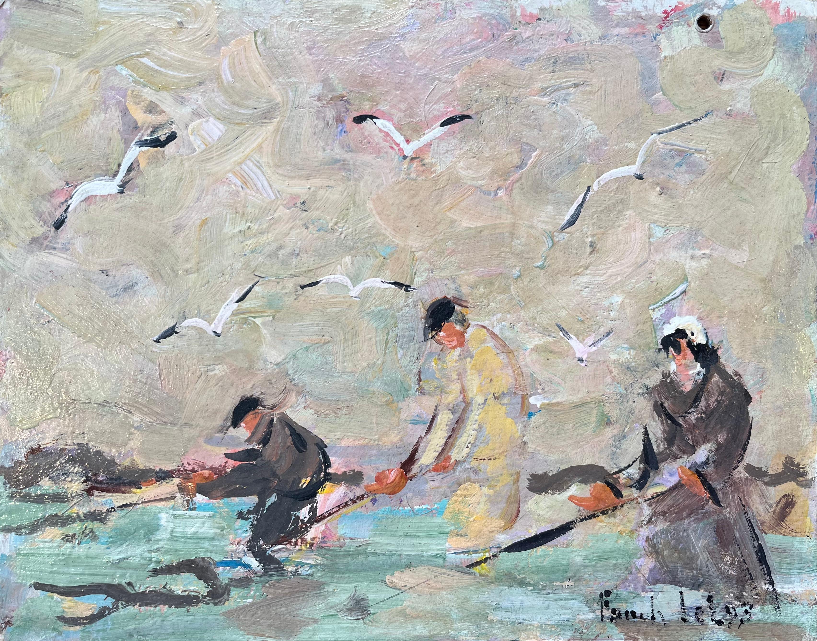 Französisches impressionistisches Ölgemälde von Seeigeln mit Gulls im Flug, Ölgemälde