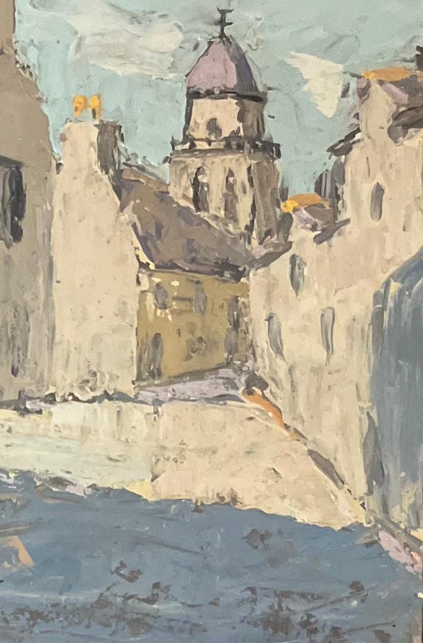 French Impressionist Oil Painting of Serene Street Scene in St. Suliac - Gray Figurative Painting by Fanch Lel