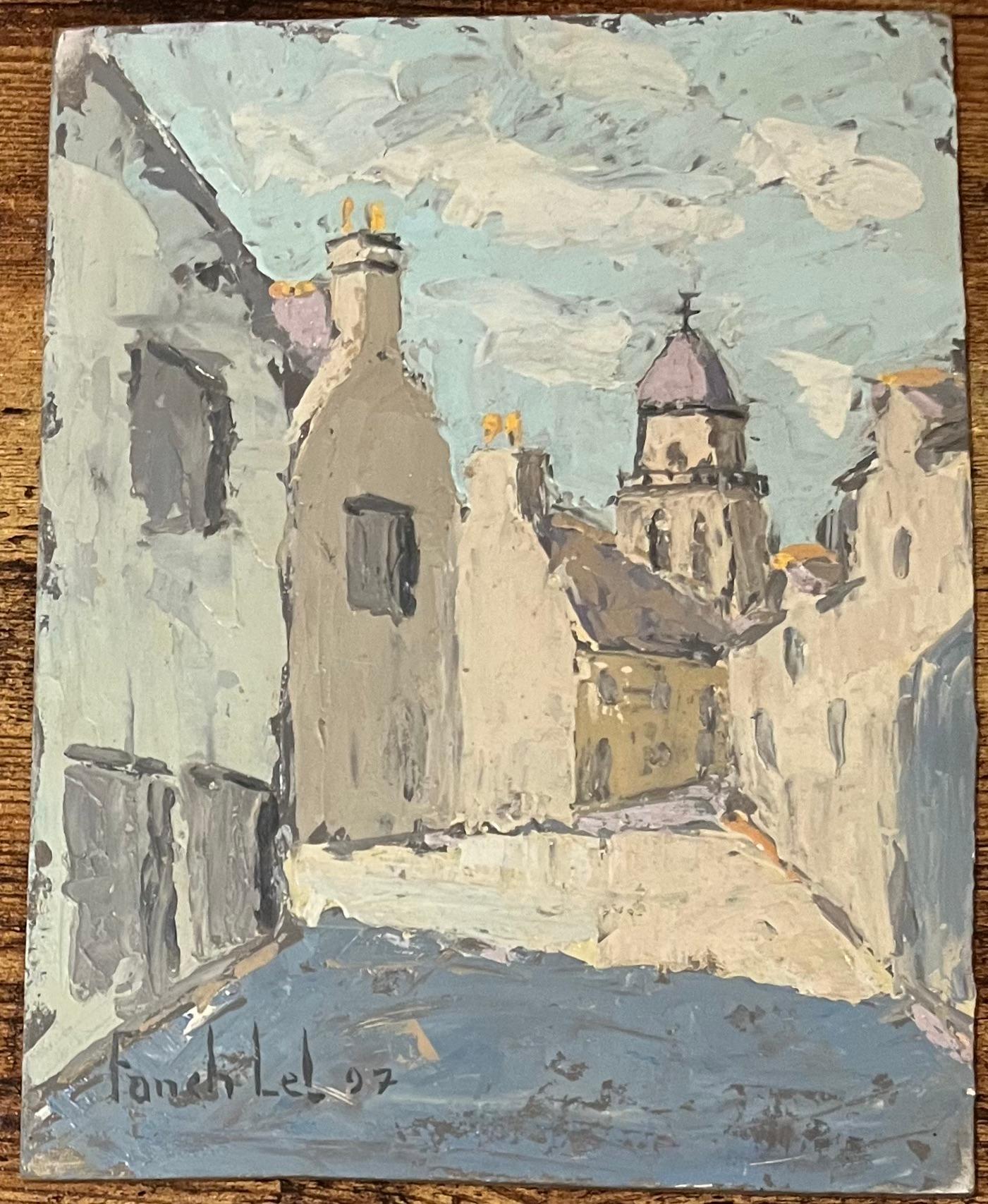 Title: French Impressionist Oil Painting of Serene Street Scene in St. Suliac
By Fanch Lel (French b. 1930)
Size: 10.25 x 7.75 inches (height x width)
Signed: Yes
Oil painting on board, unframed
Condition: The painting is in good condition, with