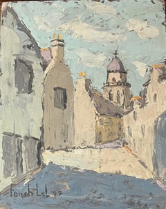 Pintura al óleo impresionista francesa de una serena escena callejera en St. Suliac