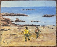 Pintura al óleo impresionista francesa de mariscadoras junto a la costa