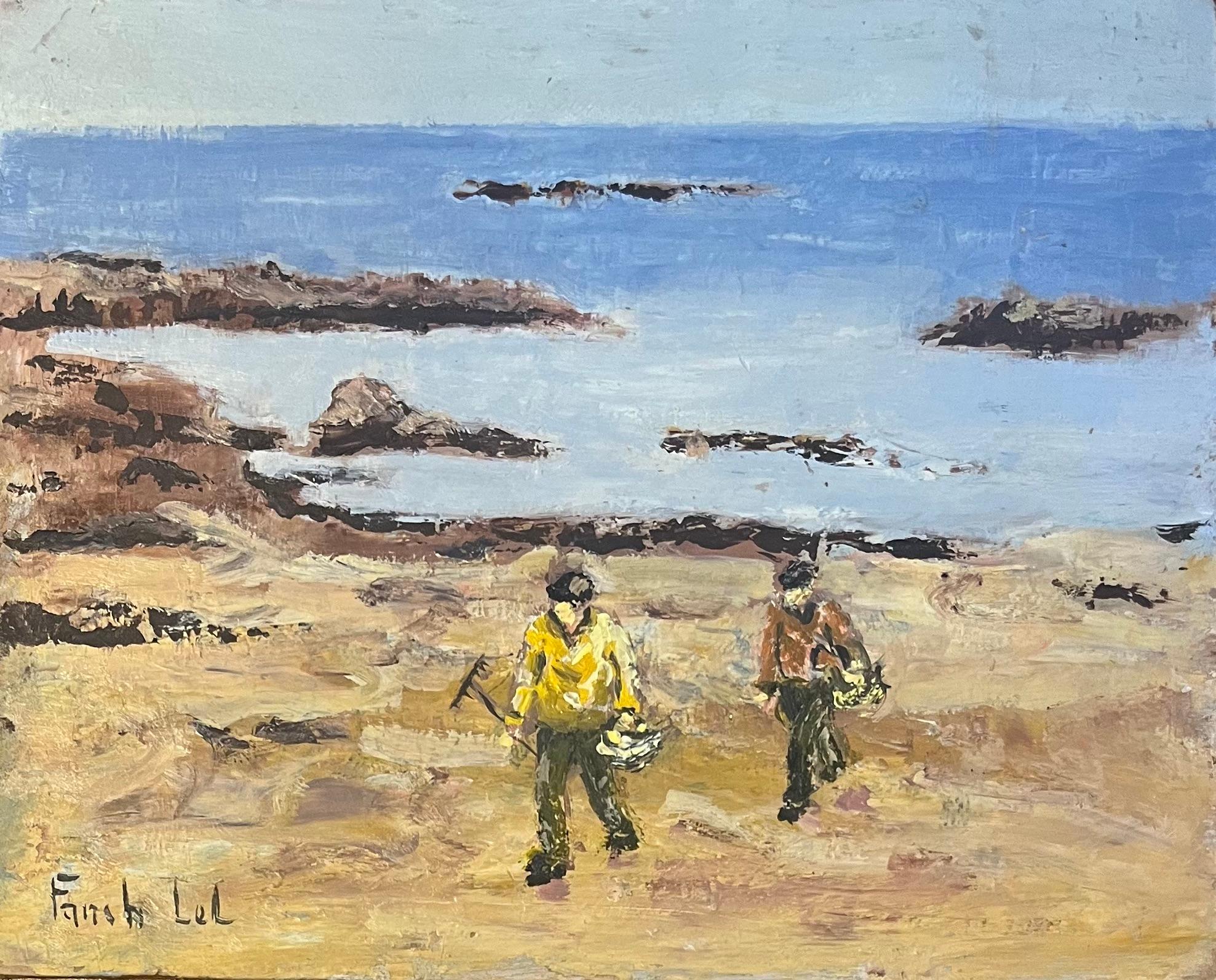Figurative Painting de Fanch Lel - Pintura al óleo impresionista francesa de mariscadoras junto a la costa