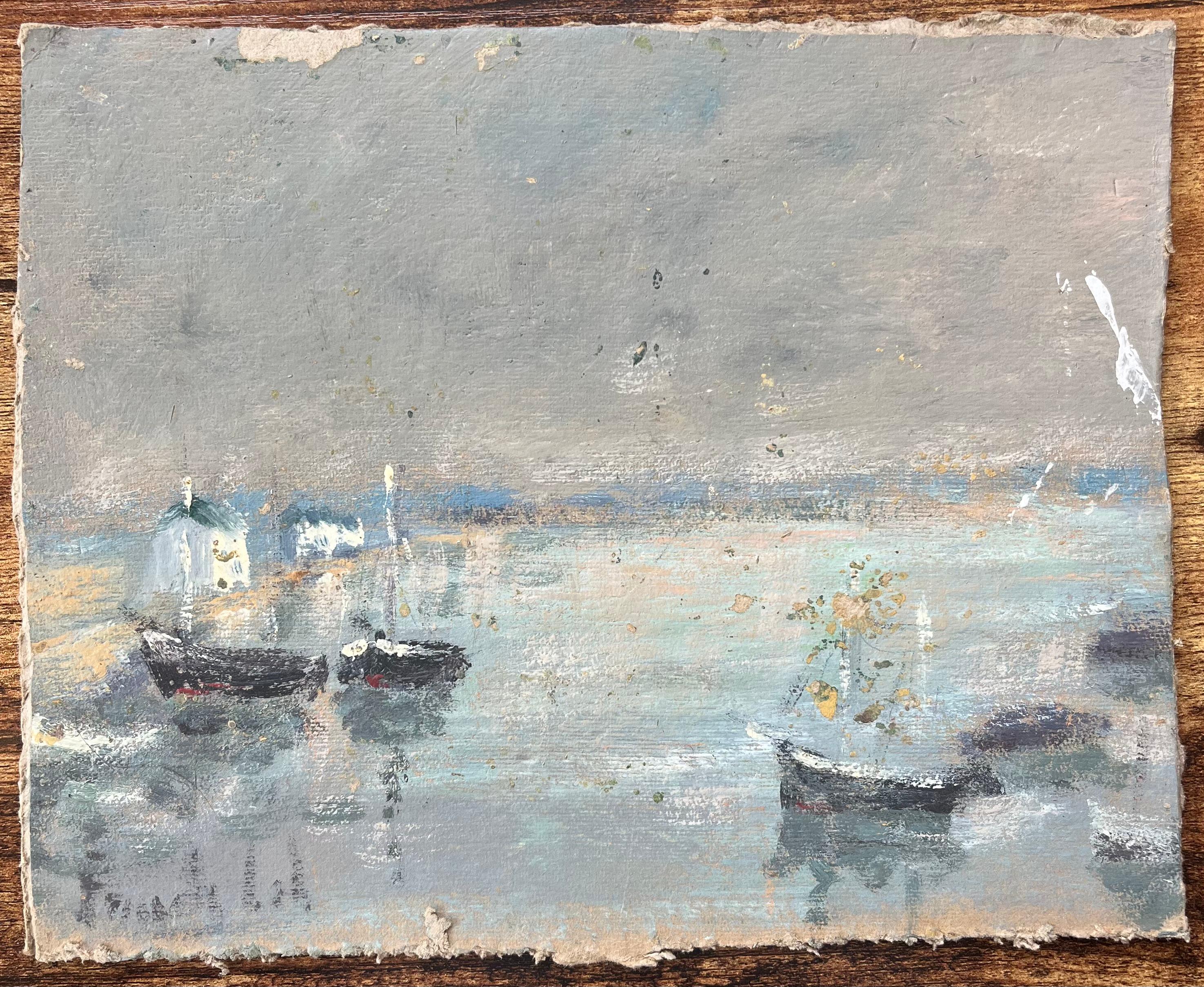 French Impressionist Oil Painting of Small Boats Anchored by the Shore - Gray Figurative Painting by Fanch Lel