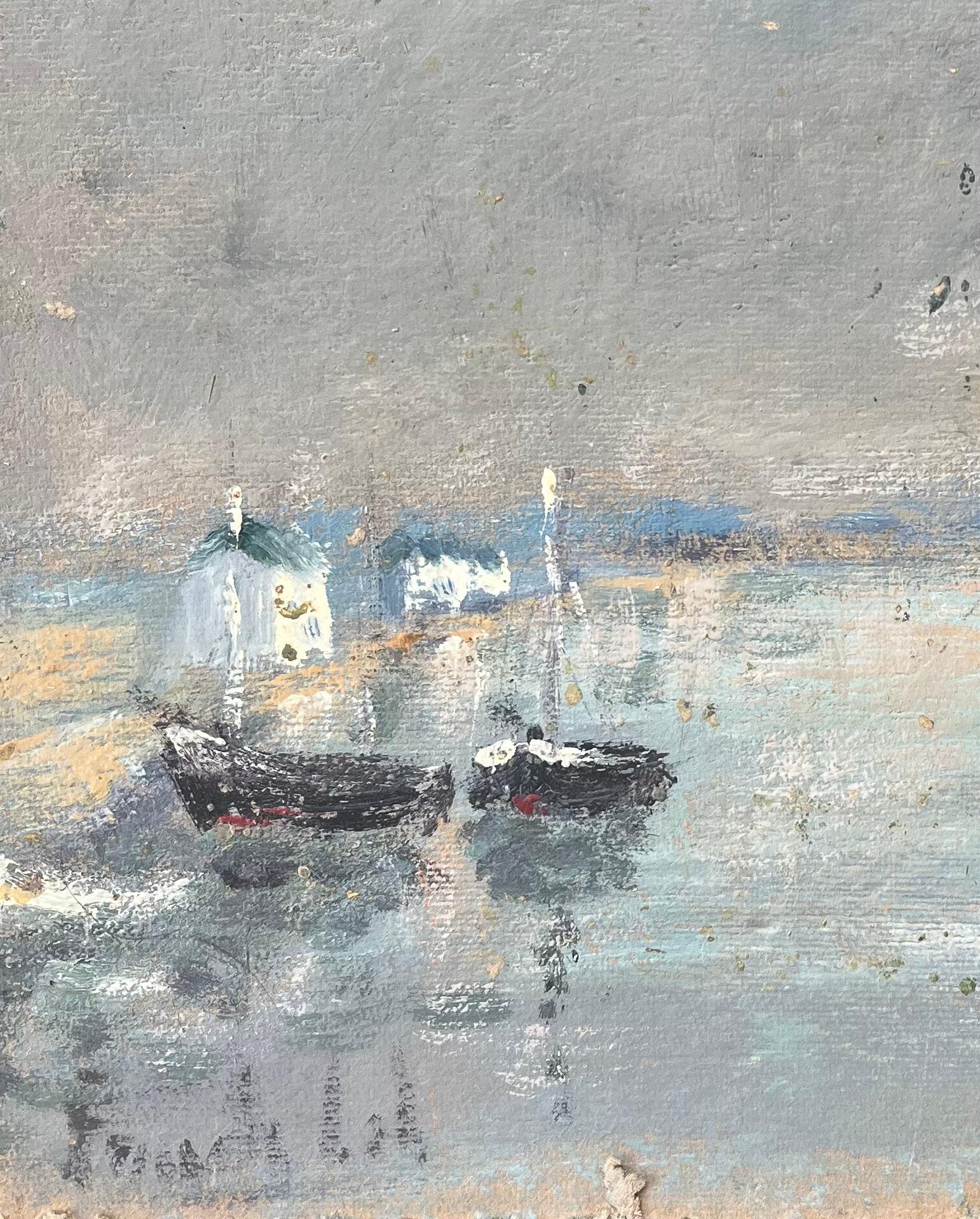 Title: French Impressionist Oil Painting of Small Boats Anchored by the Shore
By Fanch Lel (French b. 1930)
Size: 8.75 x 10.75 inches (height x width)
Signed: Yes
Oil painting on board, unframed
Condition: The painting is in good condition, with