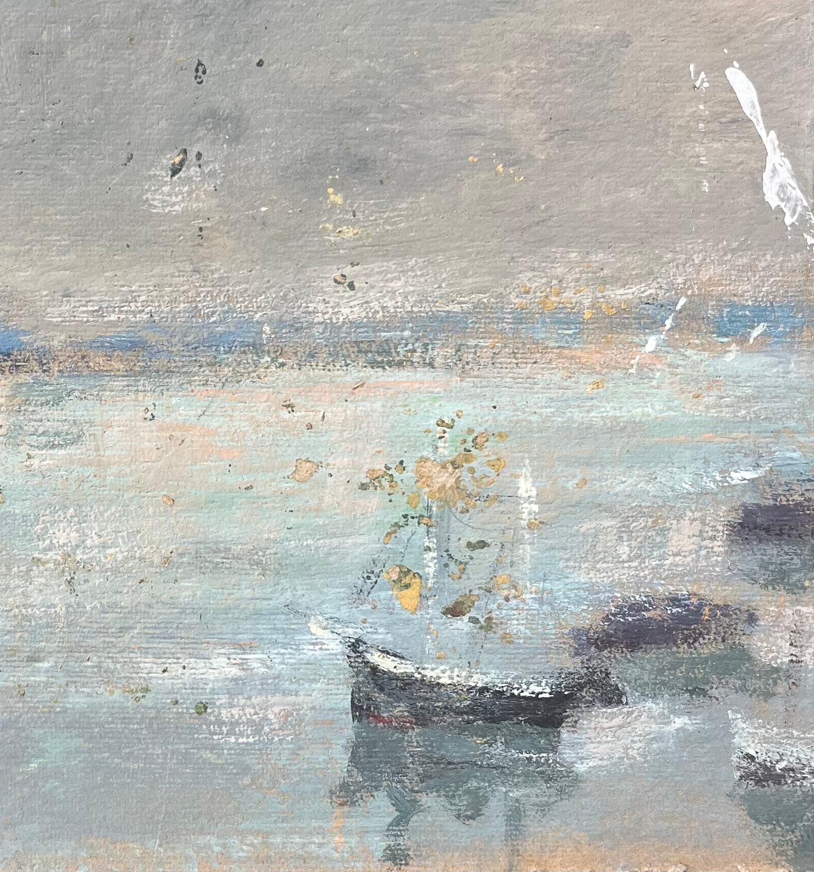 French Impressionist Oil Painting of Small Boats Anchored by the Shore For Sale 1