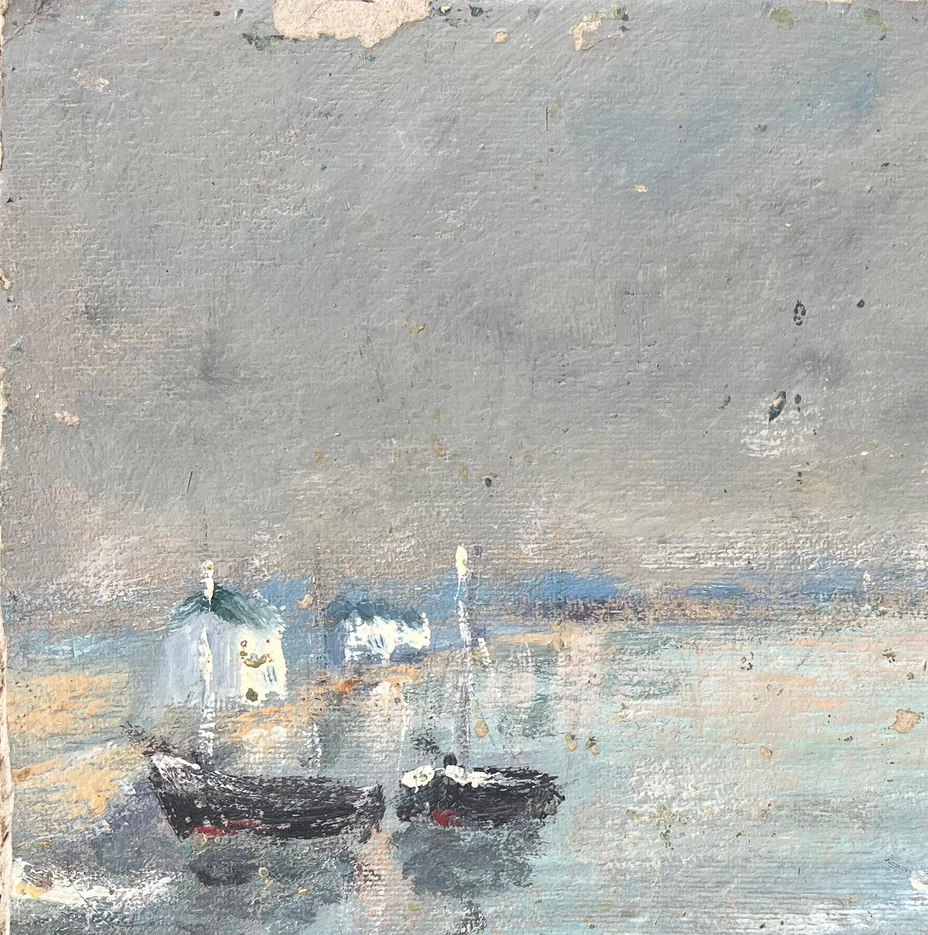 French Impressionist Oil Painting of Small Boats Anchored by the Shore For Sale 2