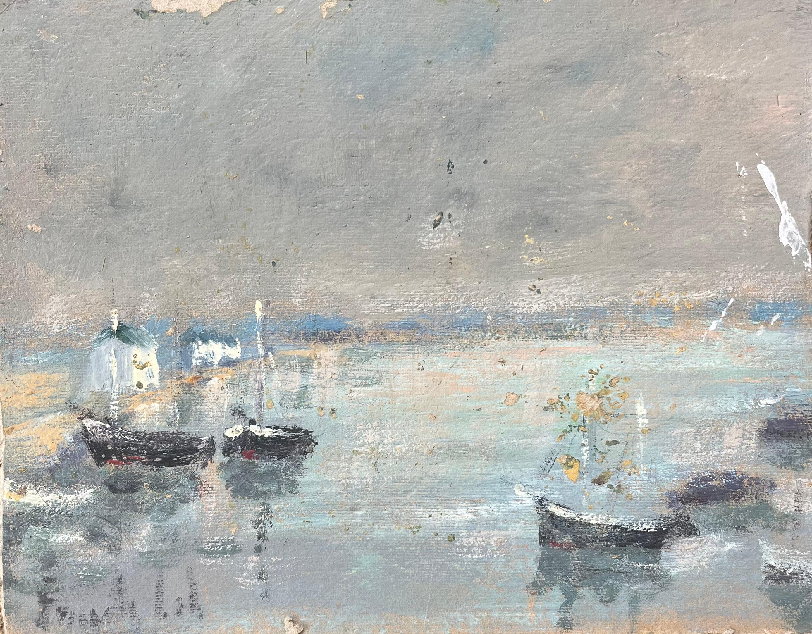 Fanch Lel Figurative Painting - French Impressionist Oil Painting of Small Boats Anchored by the Shore