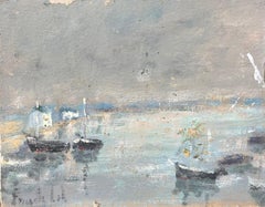 Pintura al óleo impresionista francesa de pequeños barcos anclados en la orilla