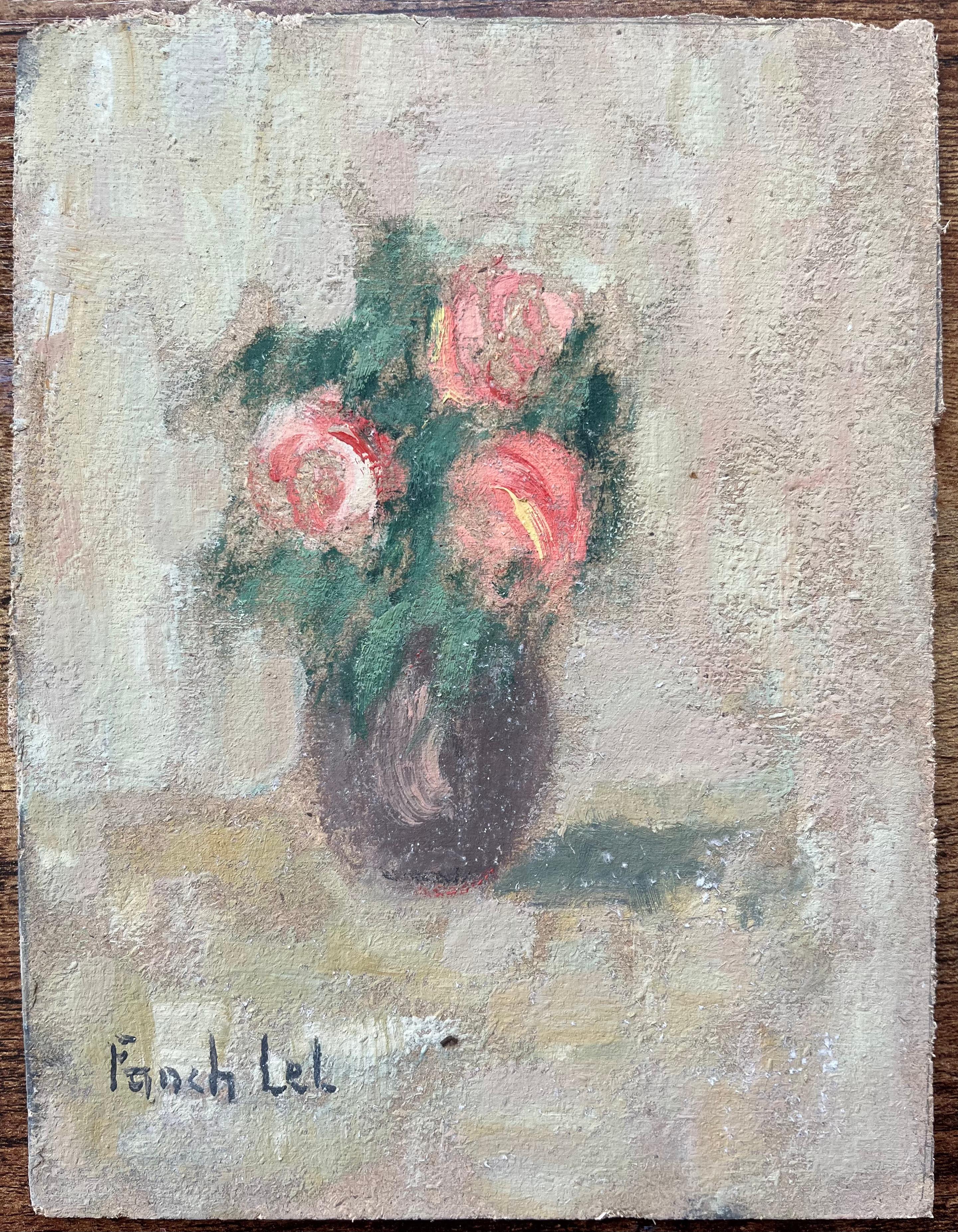 Pintura al Óleo Impresionista Francesa de Naturaleza Muerta de Rosas Rosas en un Jarrón - Painting de Fanch Lel