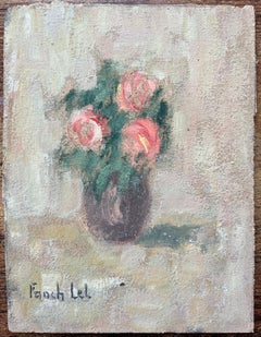 Pittura a olio impressionista francese con natura morta di rose rosa in un vaso
