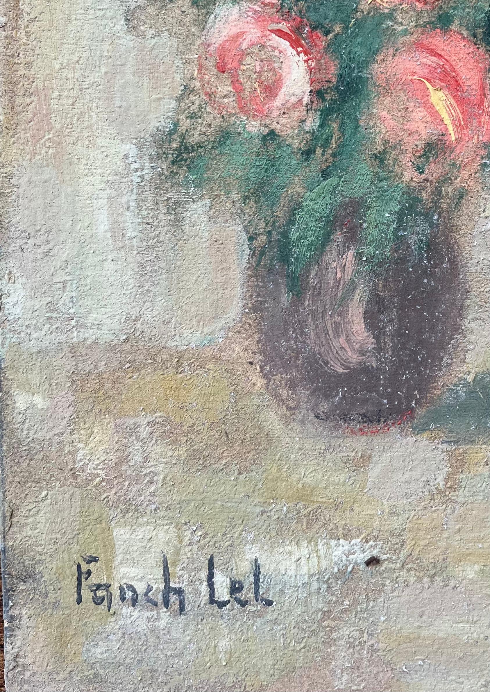 Título: Pintura al óleo impresionista francesa de Naturaleza muerta de rosas rosas en un jarrón
Por Fanch Lel (francés, 1930)
Tamaño: 9 x 7 pulgadas (alto x ancho)
Firmado: Sí
Óleo sobre tabla, sin enmarcar
Estado de conservación: El cuadro está en