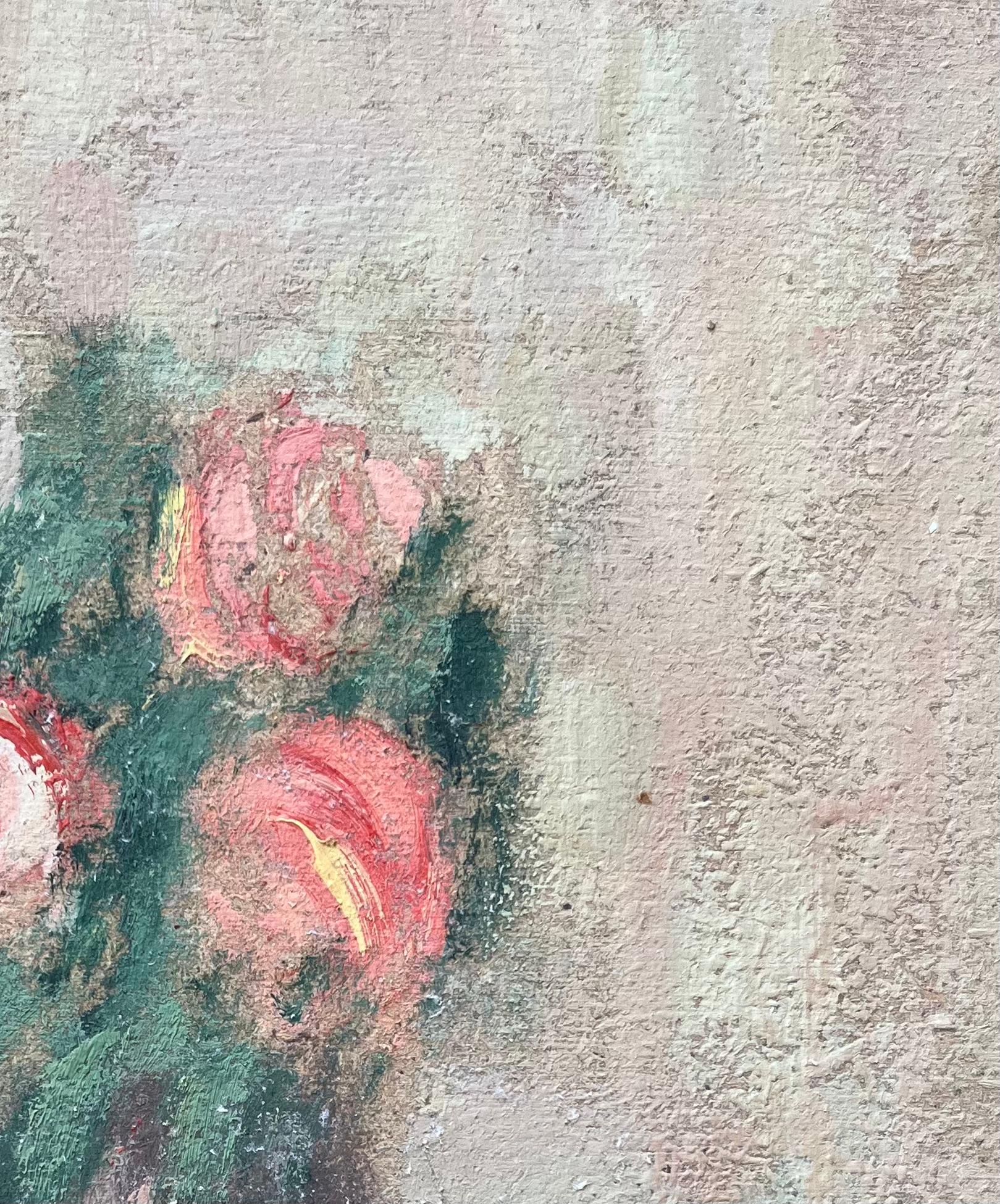 Französisches impressionistisches Ölgemälde von Stillleben mit rosa Rosen in einer Vase, Ölgemälde im Angebot 1