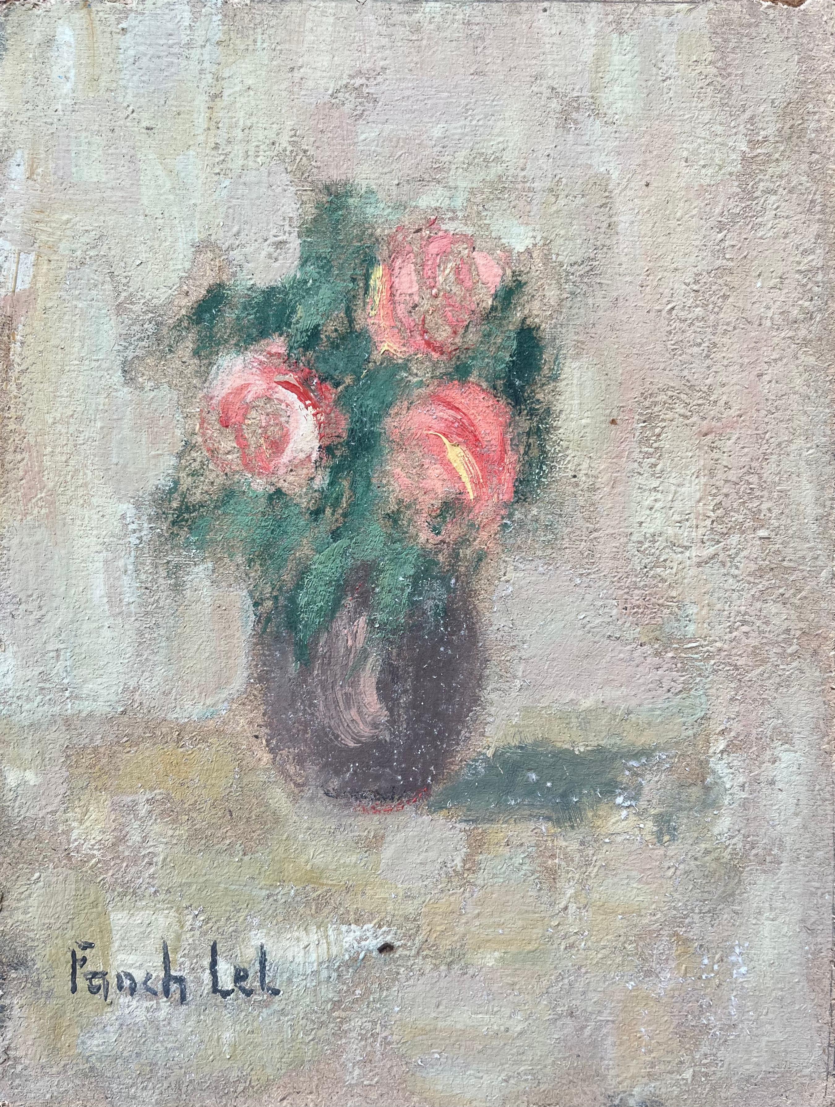 Landscape Painting de Fanch Lel - Pintura al Óleo Impresionista Francesa de Naturaleza Muerta de Rosas Rosas en un Jarrón