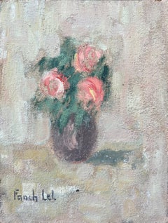 French Impressionist Oil Painting of Still Life of Pink Roses in a Vase