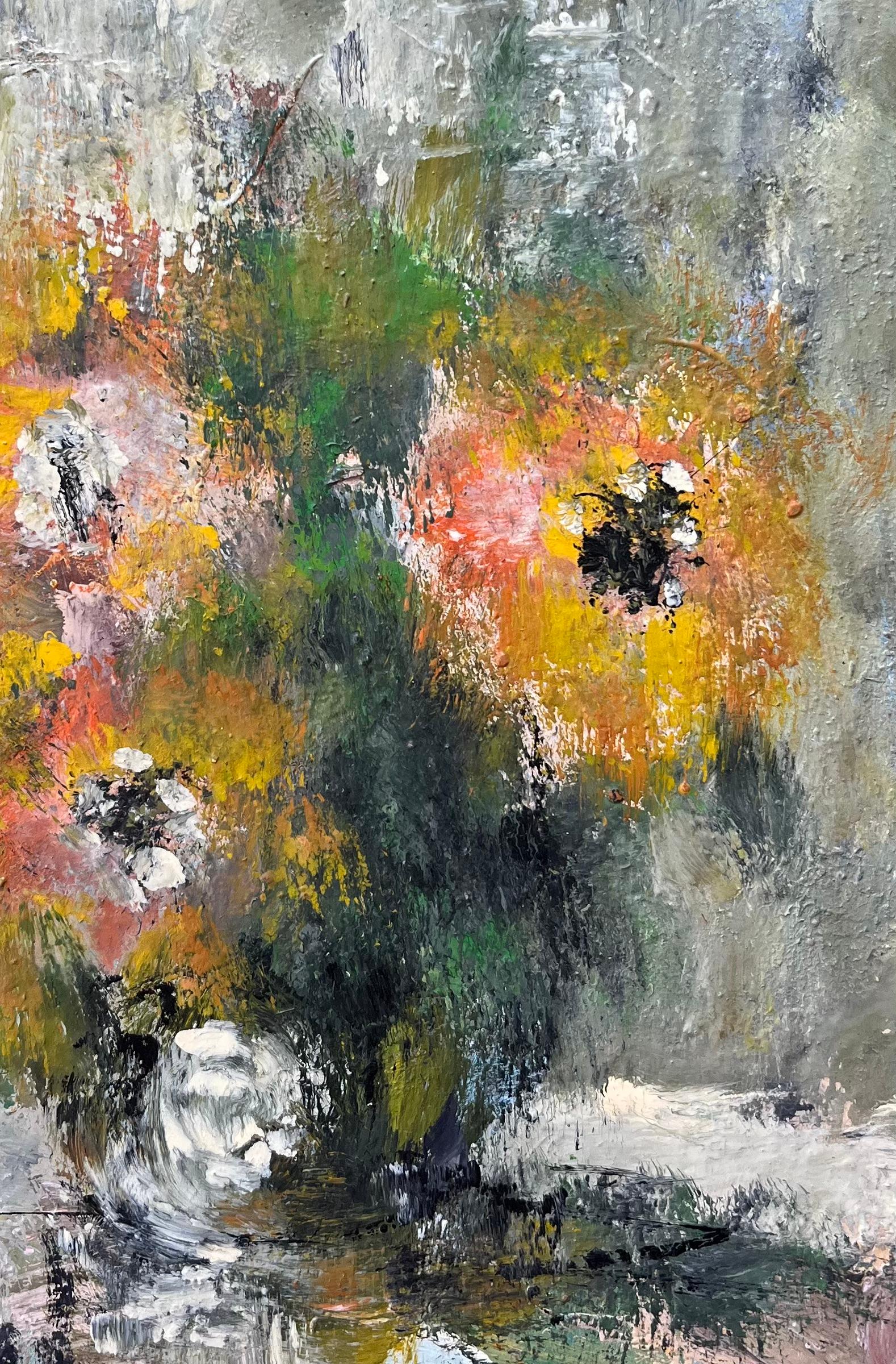 Pintura al óleo impresionista francesa de Naturaleza muerta de flores silvestres en un jarrón - Landscape Painting Gris de Fanch Lel