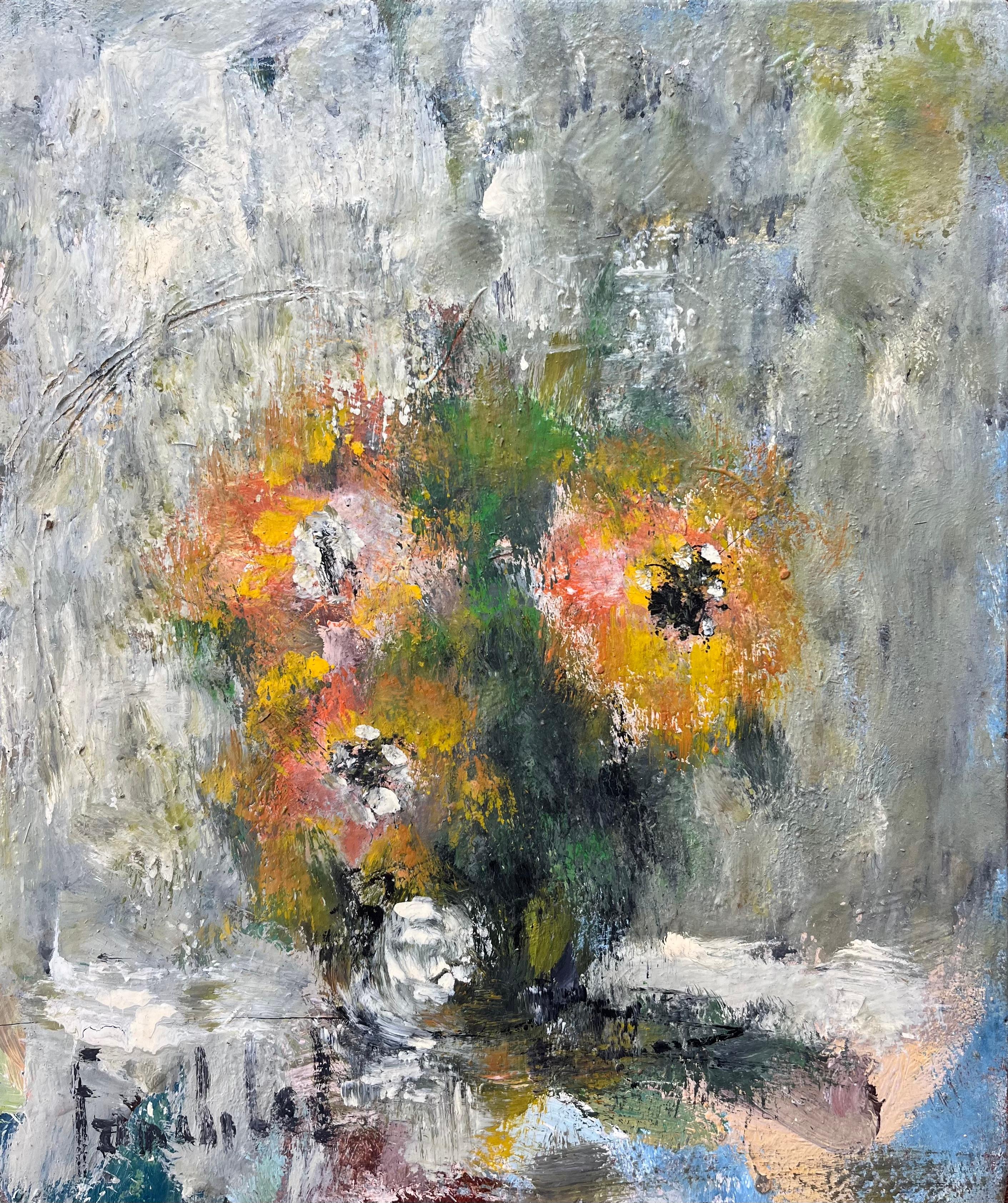 Landscape Painting de Fanch Lel - Pintura al óleo impresionista francesa de Naturaleza muerta de flores silvestres en un jarrón