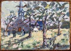 French Impressionist Oil Painting of Sunlit Breton Chapel with Figures