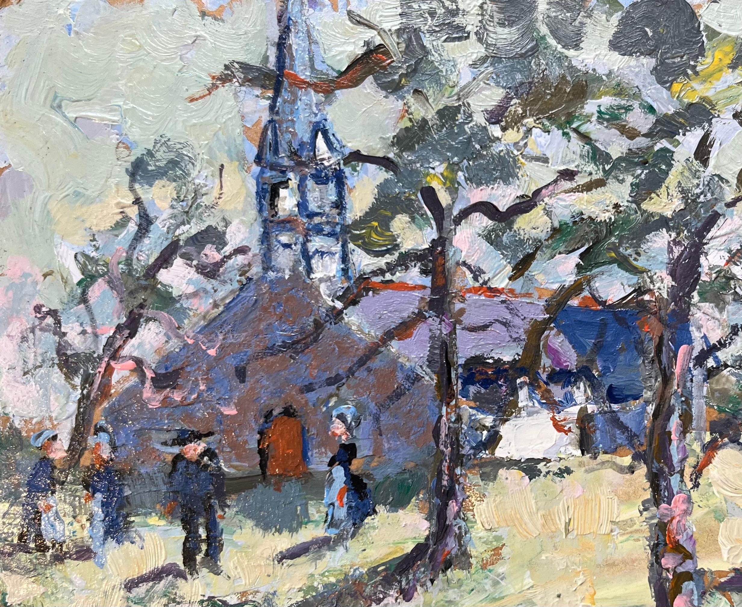 Título: Pintura al óleo impresionista francesa de Capilla bretona iluminada por el sol con figuras
Por Fanch Lel (francés, 1930)
Tamaño: 6,25 x 8,75 pulgadas (alto x ancho)
Firmado: Sí
Óleo sobre tabla, sin enmarcar
Estado de conservación: El cuadro
