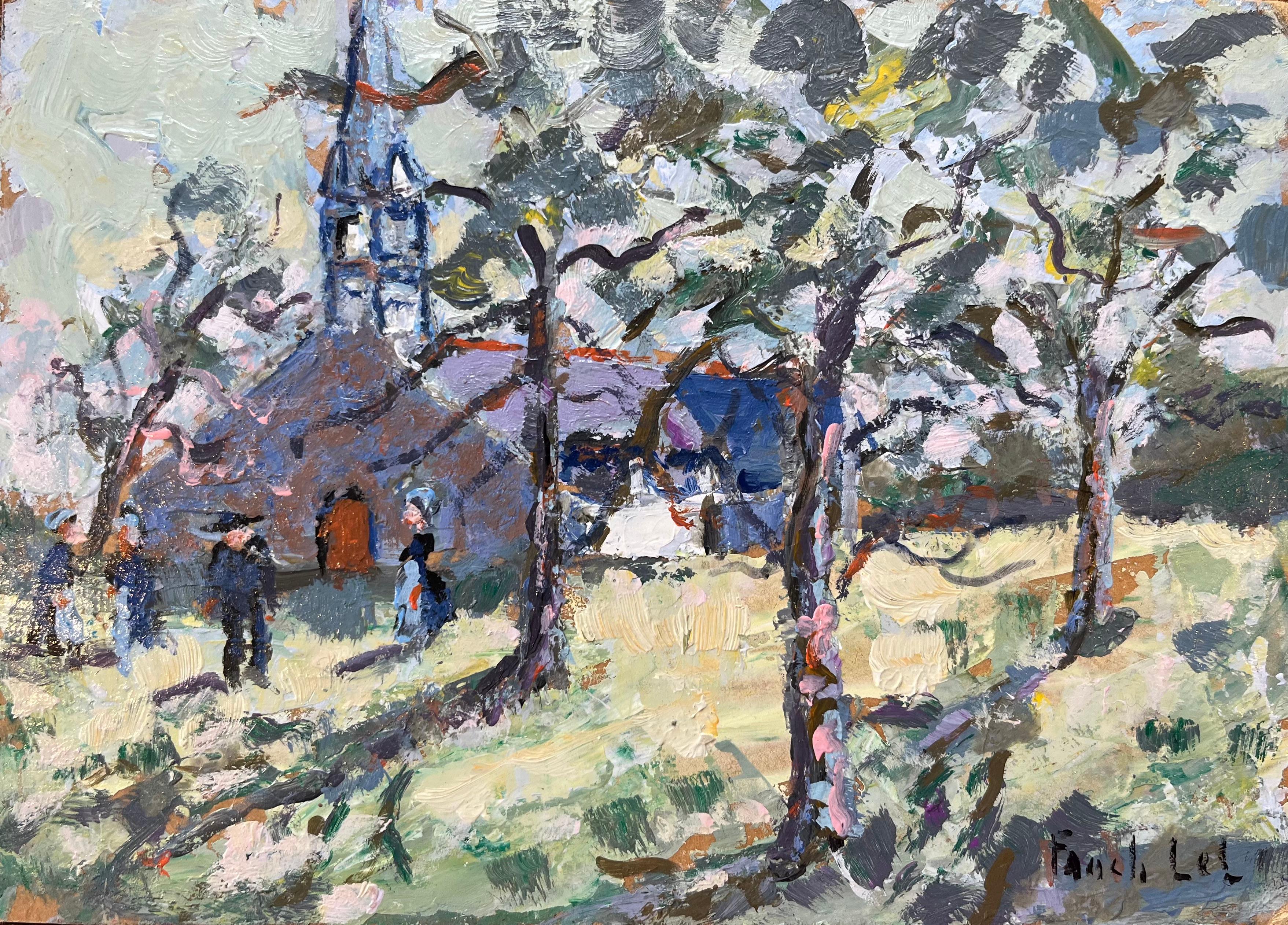 Landscape Painting de Fanch Lel - Pintura al óleo impresionista francesa de Capilla bretona iluminada por el sol con figuras