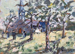 French Impressionist Oil Painting of Sunlit Breton Chapel with Figures