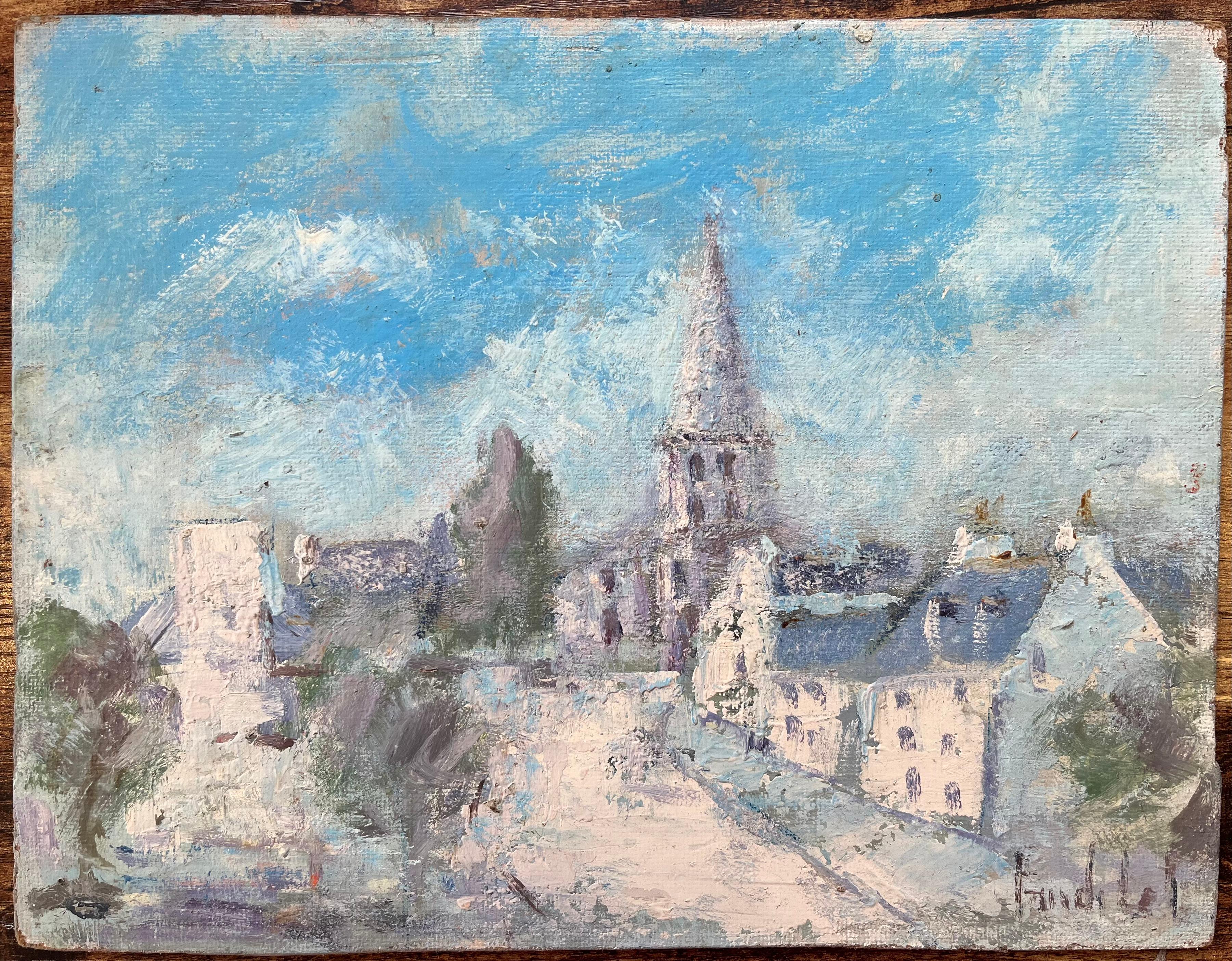 Pintura al óleo impresionista francesa de pueblo iluminado por el sol con aguja de iglesia - Painting de Fanch Lel