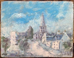 French Impressionist Oil Painting of Sunlit Village with Church Spire