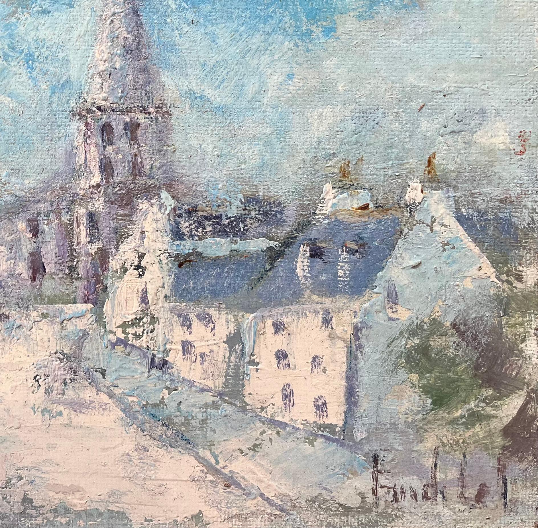 Pintura al óleo impresionista francesa de pueblo iluminado por el sol con aguja de iglesia - Painting Impresionista de Fanch Lel