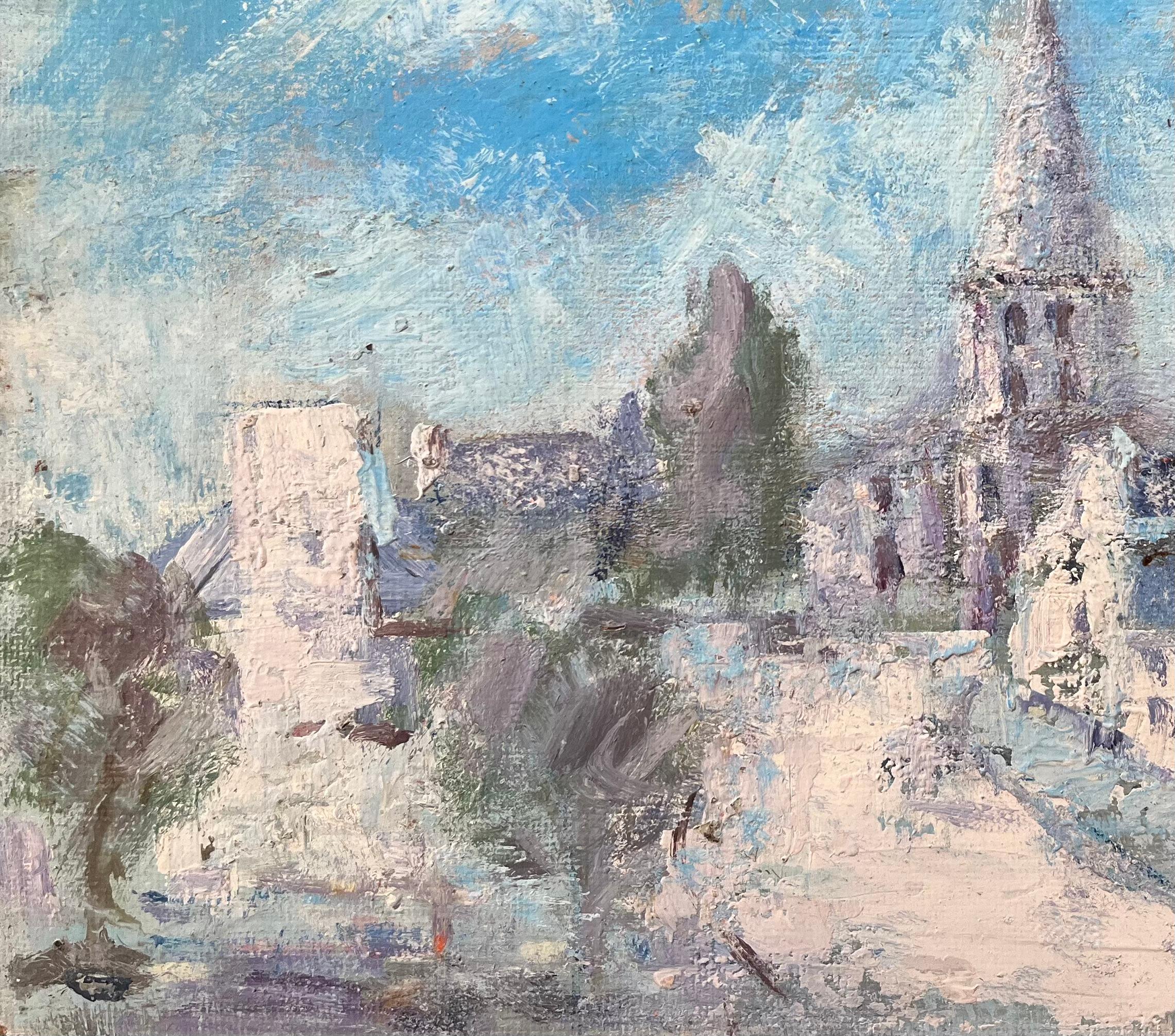 Pintura al óleo impresionista francesa de pueblo iluminado por el sol con aguja de iglesia - Landscape Painting Gris de Fanch Lel