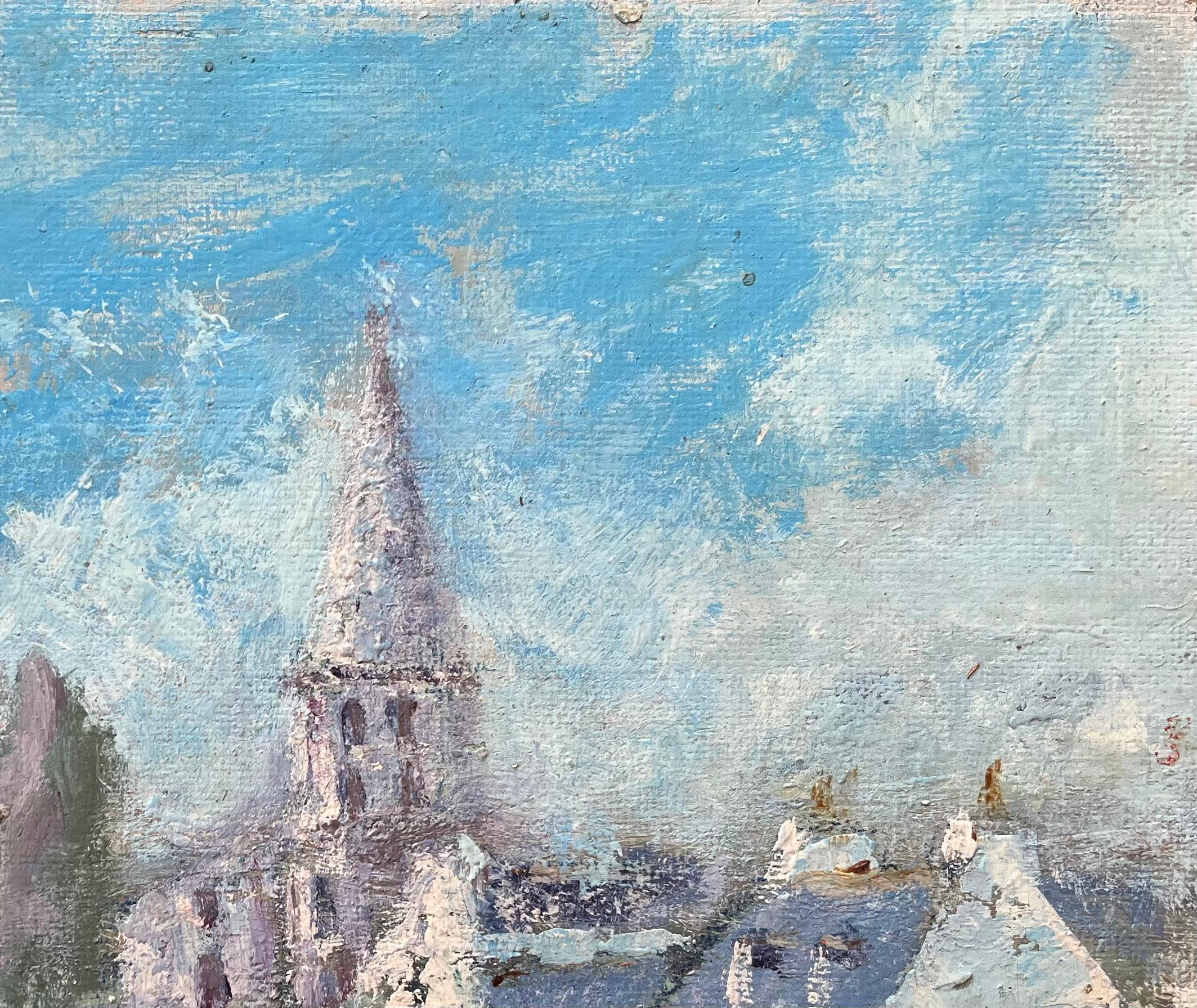 Título: Pintura al óleo impresionista francesa de pueblo iluminado por el sol con aguja de iglesia
Por Fanch Lel (francés, 1930)
Tamaño: 10,5 x 13,75 pulgadas (alto x ancho)
Firmado: Sí
Óleo sobre tabla, sin enmarcar
Estado de conservación: El