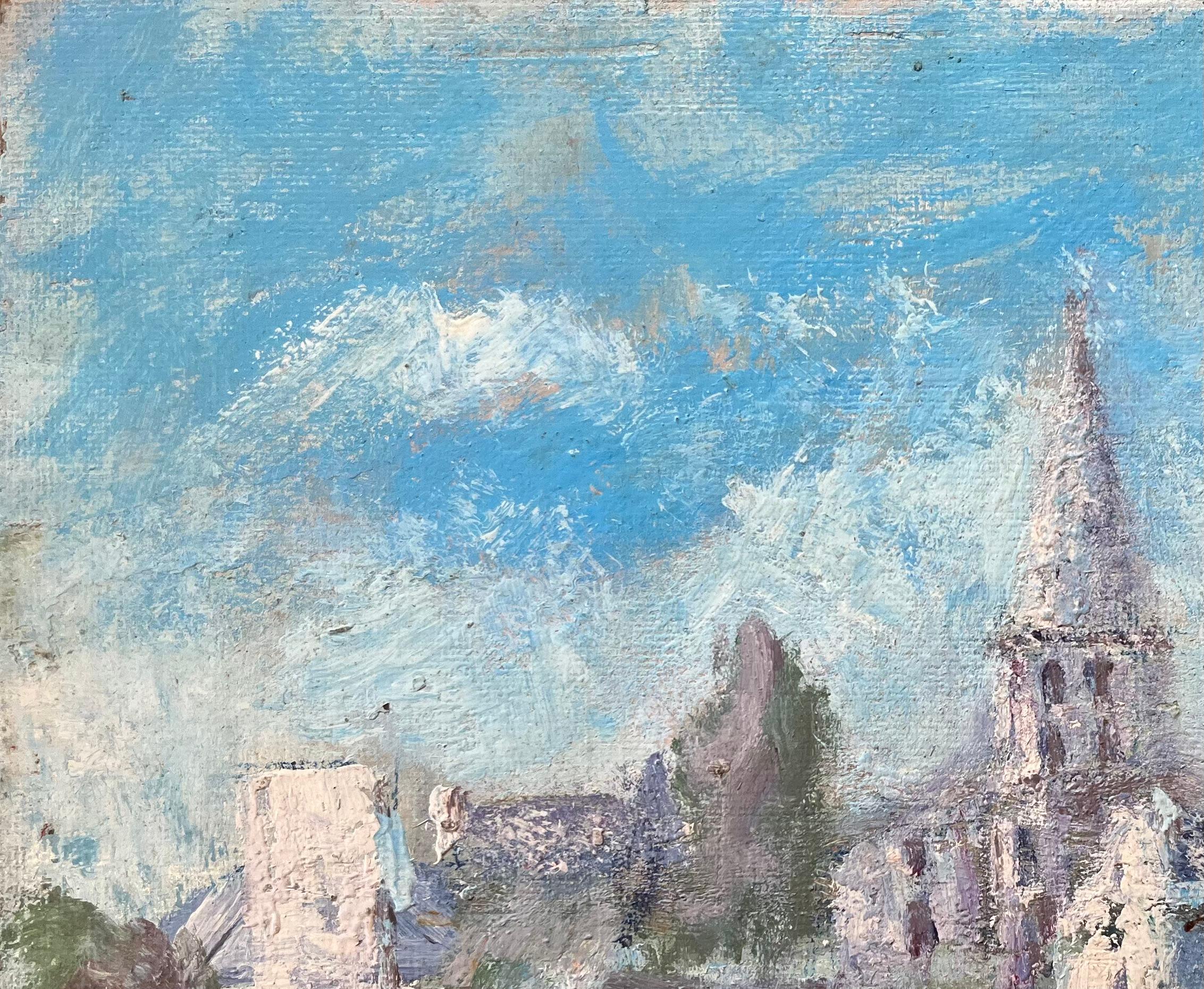 Pintura al óleo impresionista francesa de pueblo iluminado por el sol con aguja de iglesia en venta 1