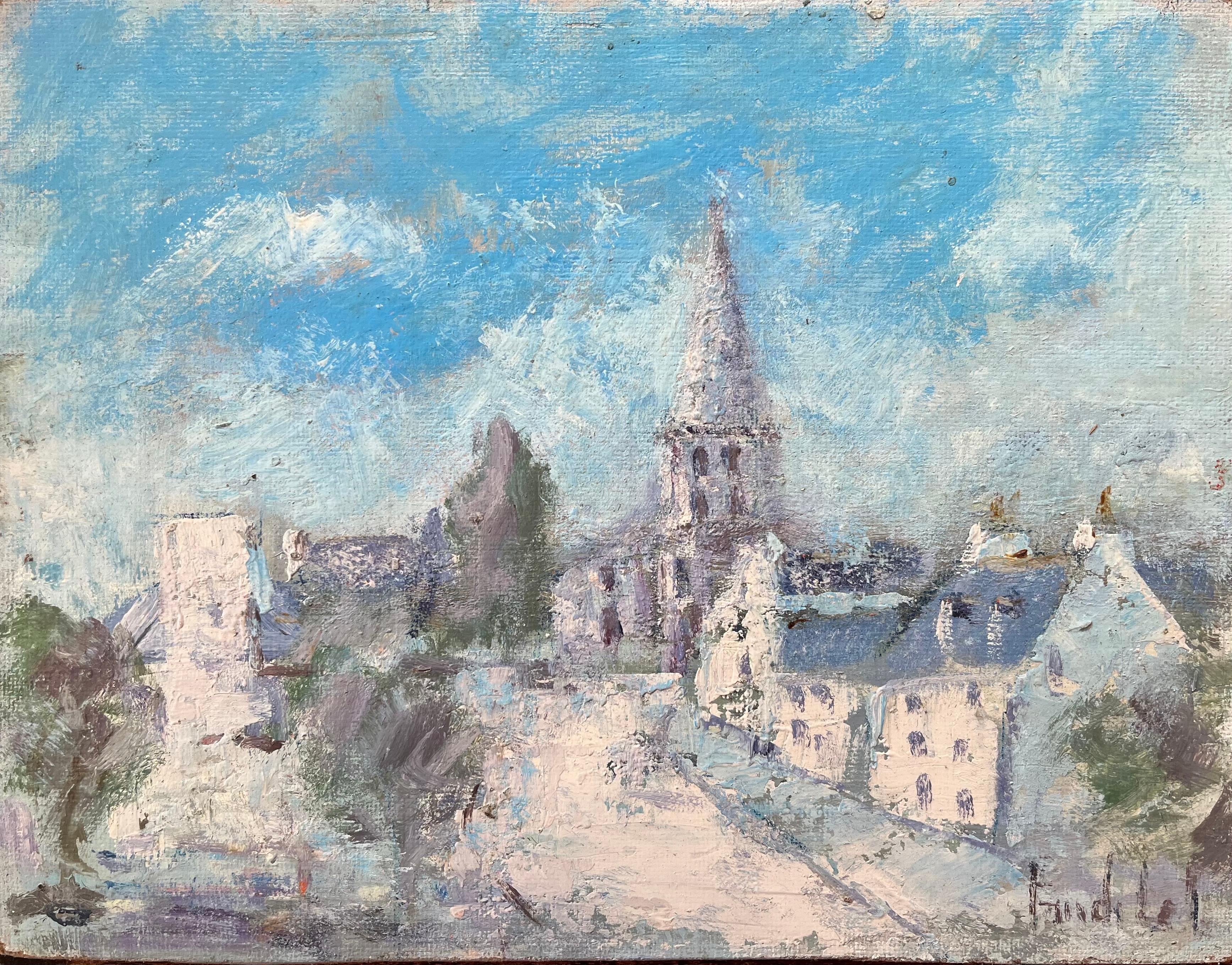 Landscape Painting de Fanch Lel - Pintura al óleo impresionista francesa de pueblo iluminado por el sol con aguja de iglesia