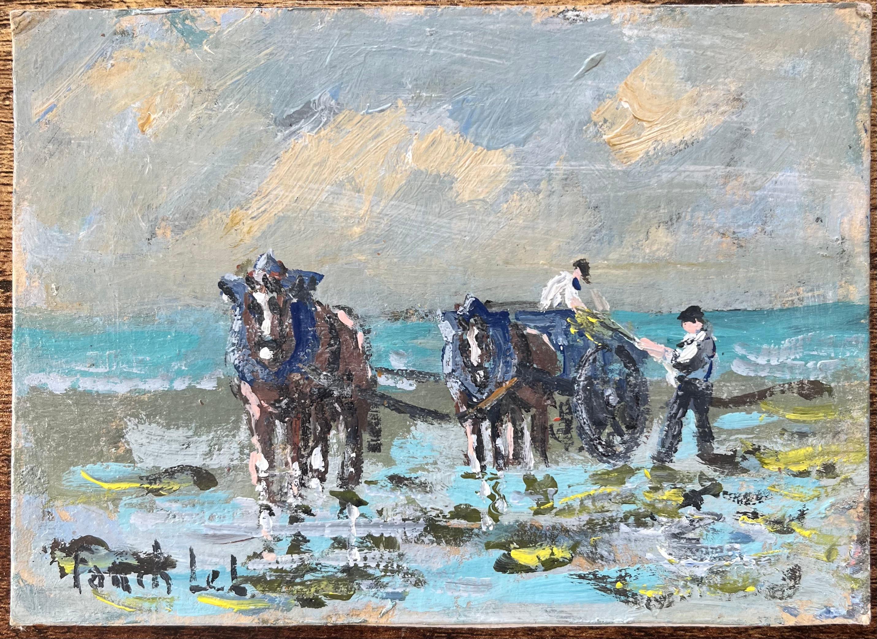 French Impressionist Oil Painting of Traditional Seaweed Harvesting Scene - Gray Figurative Painting by Fanch Lel