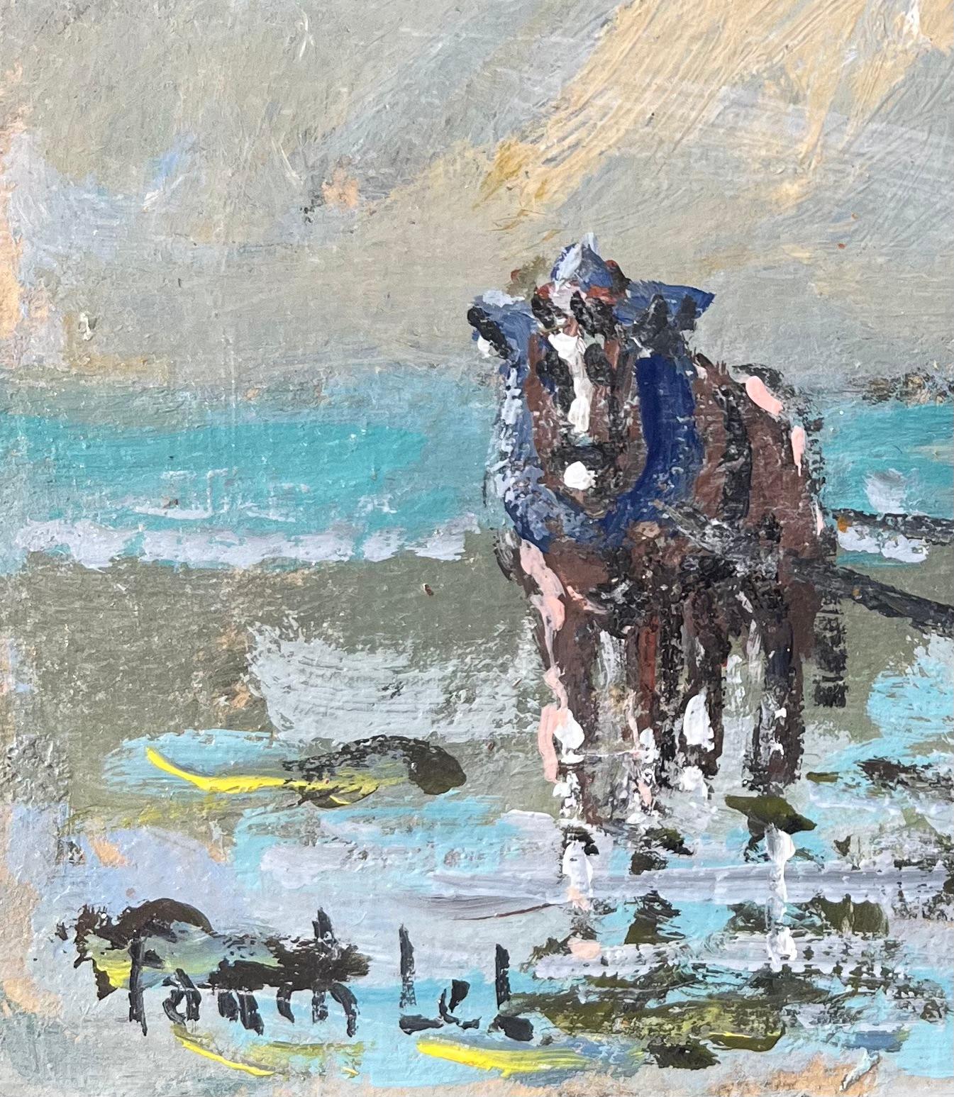 Title: French Impressionist Oil Painting of Traditional Seaweed Harvesting Scene
By Fanch Lel (French b. 1930)
Size: 4.5 x 6.5 inches (height x width)
Signed: Yes
Oil painting on cardboard, unframed
Condition: The painting is in good