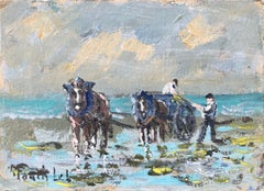 Pintura al óleo impresionista francesa de una escena tradicional de recolección de algas marinas